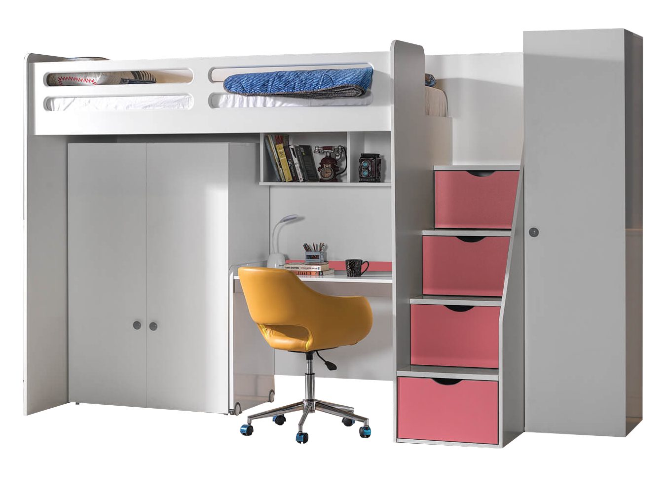 Möbel-Zeit Etagenbett Hochbett Smart mit Treppenregal inkl. Kleiderschrank und Schreibtisch rosa
