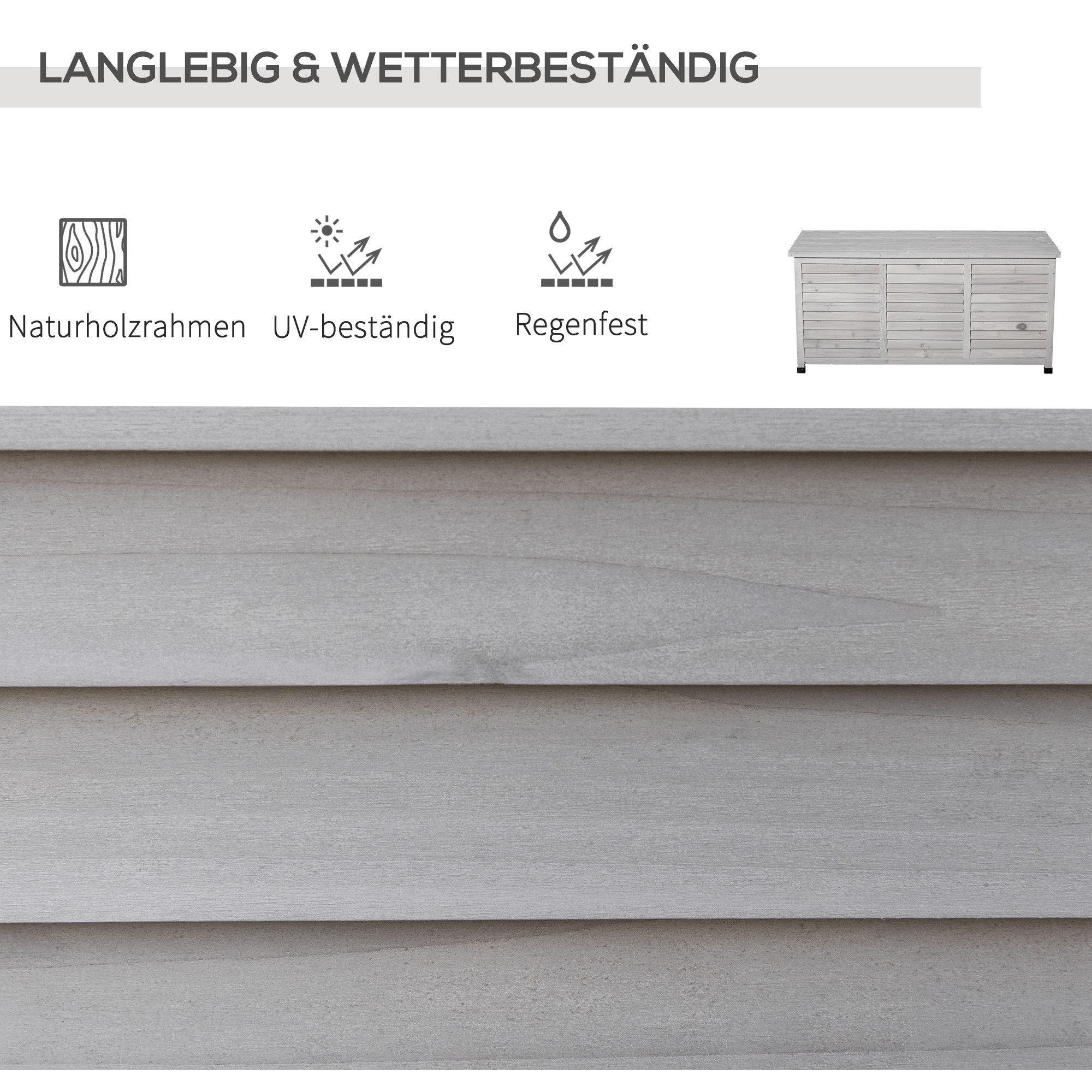 Outsunny Geräteschrank Aufbewahrungsbox, Gartentruhe, wetterbeständig, Massivholz (Kissenbox, 1-St., Gartenbox) für Garten, Balkon, Hellgrau – Bild 4 von 5
