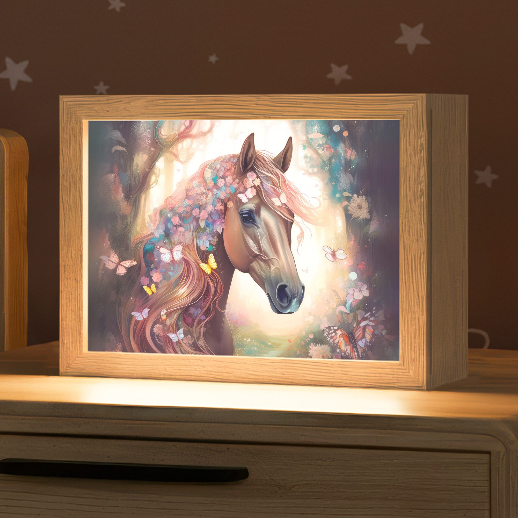 OnlyWow Nachttischlampe Lightbox Pferd - Natur - Blumen - Schmetterlinge - Wald - Mädchen, Dimmbar, Farbwechsel, LED, Warmweiß, Kaltweiß, Neutralweiß Einstellbar, Nachtlicht, Kinder- und Babyzimmer, Dimmbar, mit Kabel, Tischleuchte