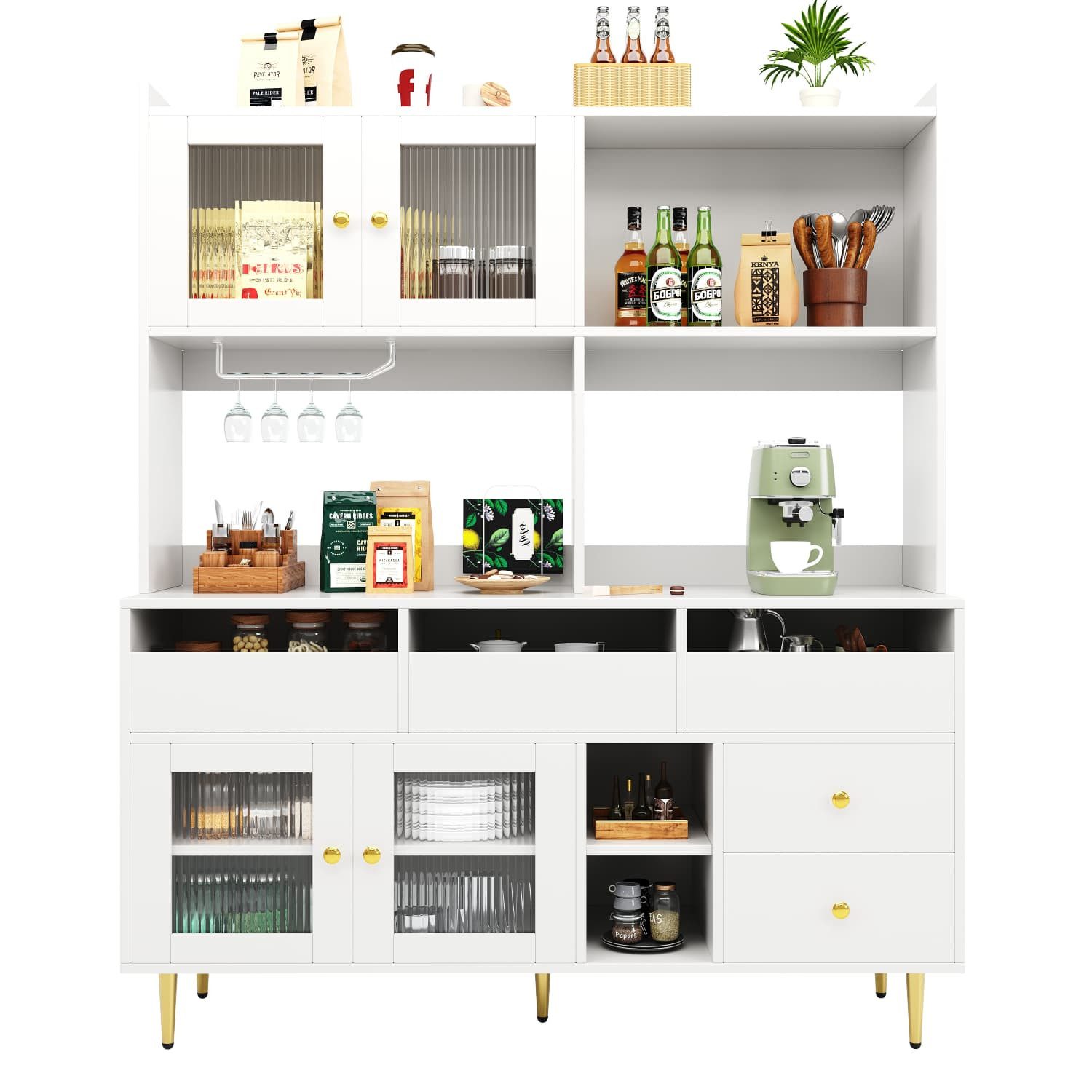 autolock Hochschrank Restaurant-Hochschrank mit Changhong-Glastür,mehrschichtiger Stauraum 145x39x171cm,mit Weinglasregal,Golddekoration,geeignet für Restaurants