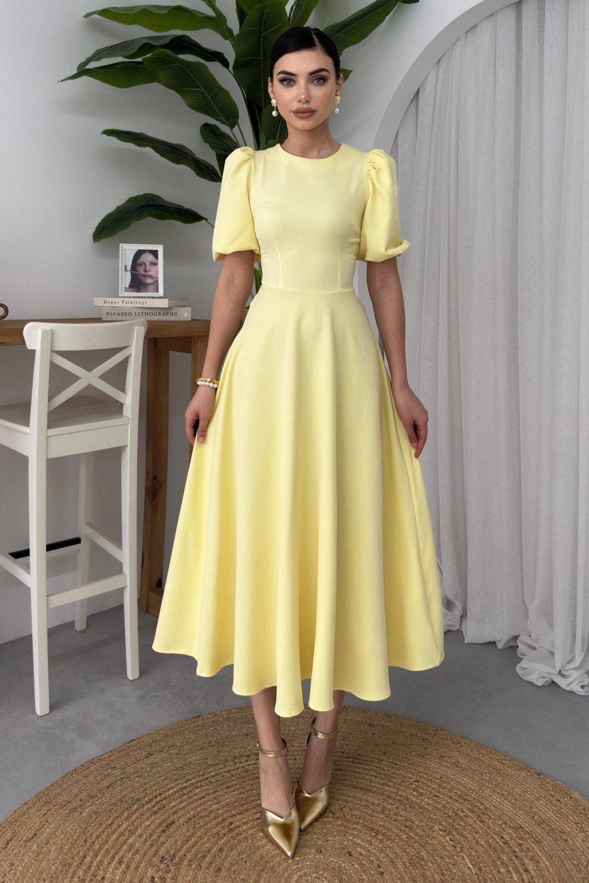 WOMAN VISION Minikleid Gelbes Atlas Stoff Prinzessin Ärmel Midi Kleid günstig online kaufen