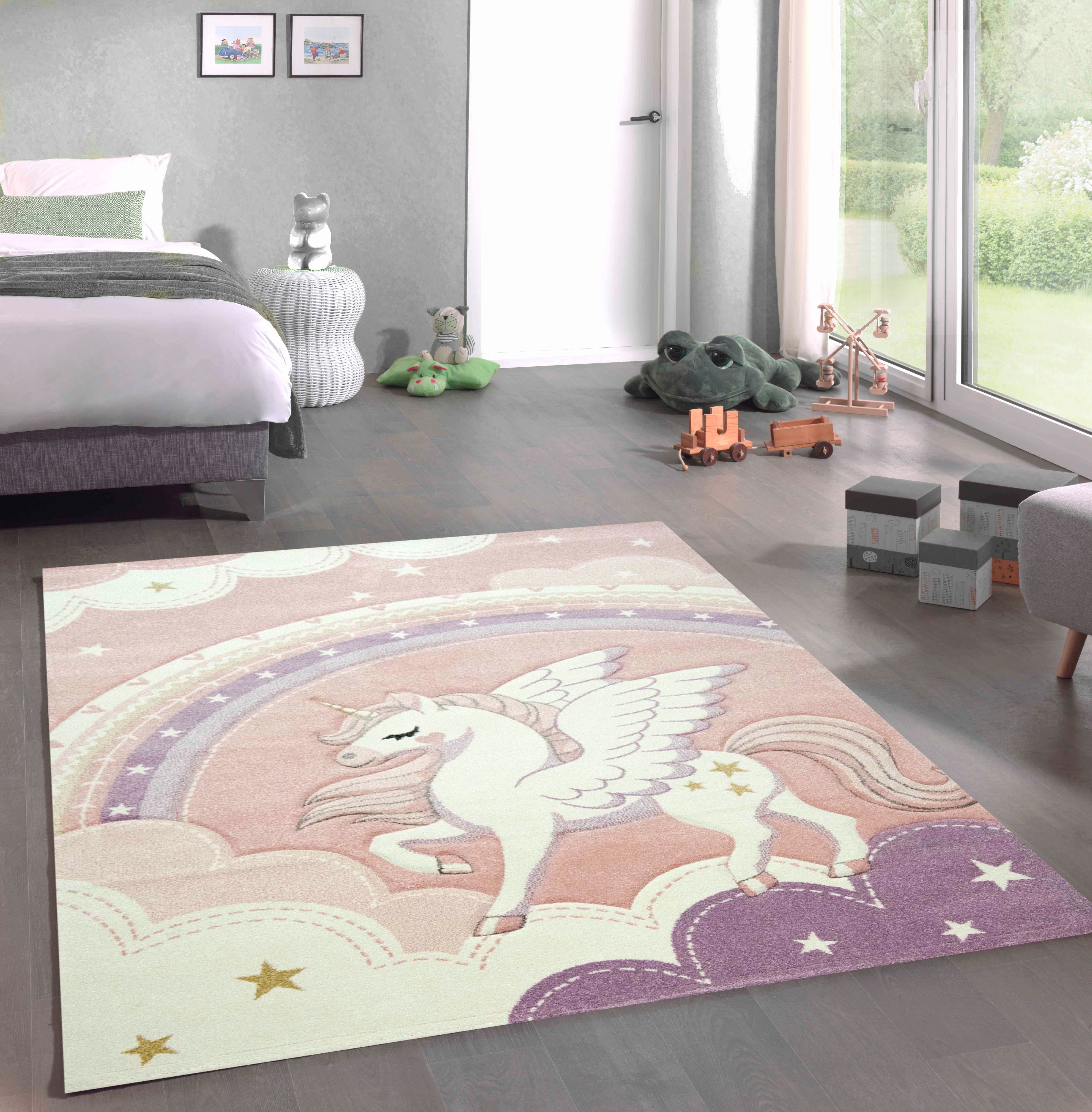 Kinderteppich Spiel Teppich Kinderzimmer Himmel Wolken Regenbogen Einhorn  rosa creme, Carpetia, rechteckig, Höhe: 1.3 mm