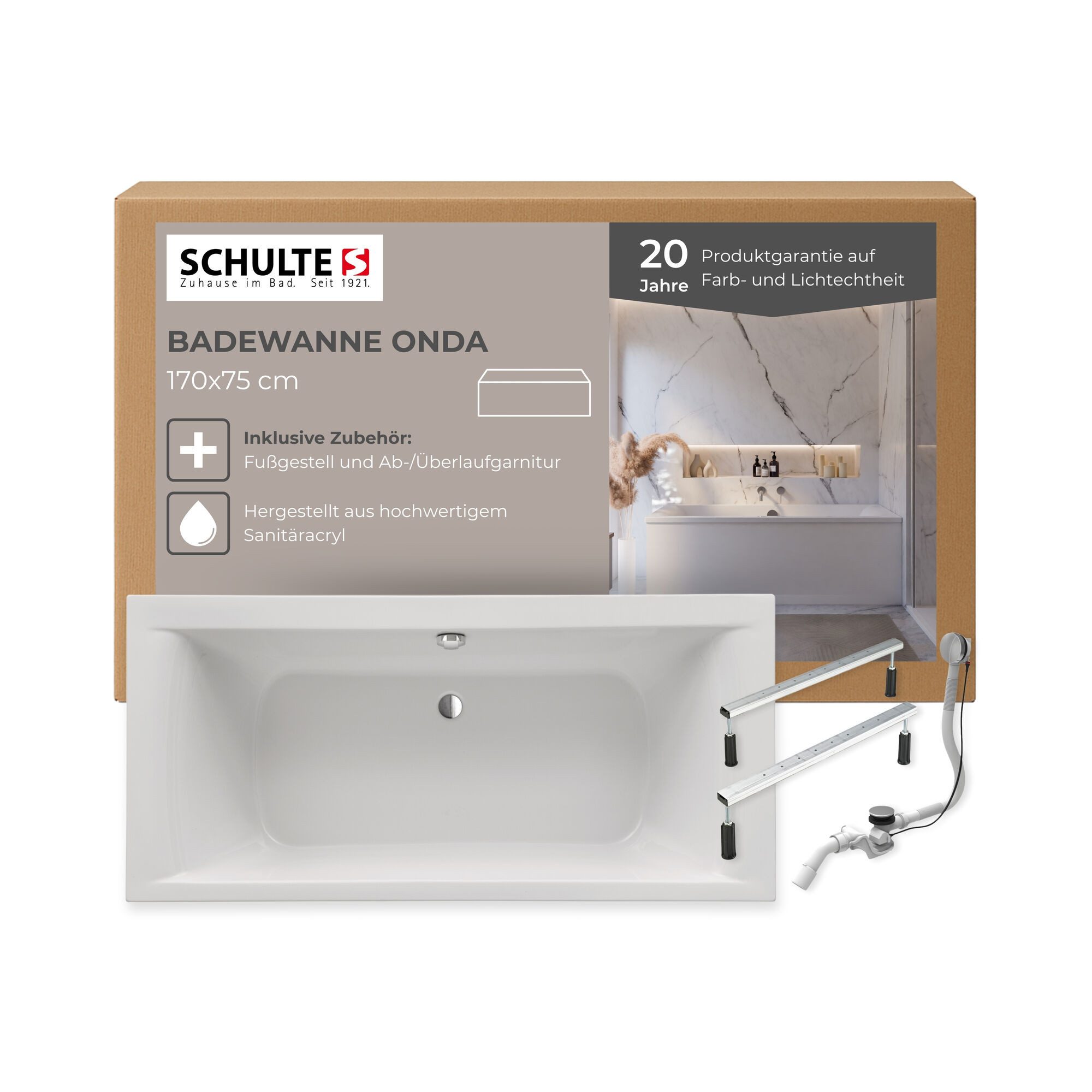 Schulte Badewanne Rechteck Onda, 170x75 cm Sanitäracryl Weiß Komplett-Set mit Fußgestell und Ablauf