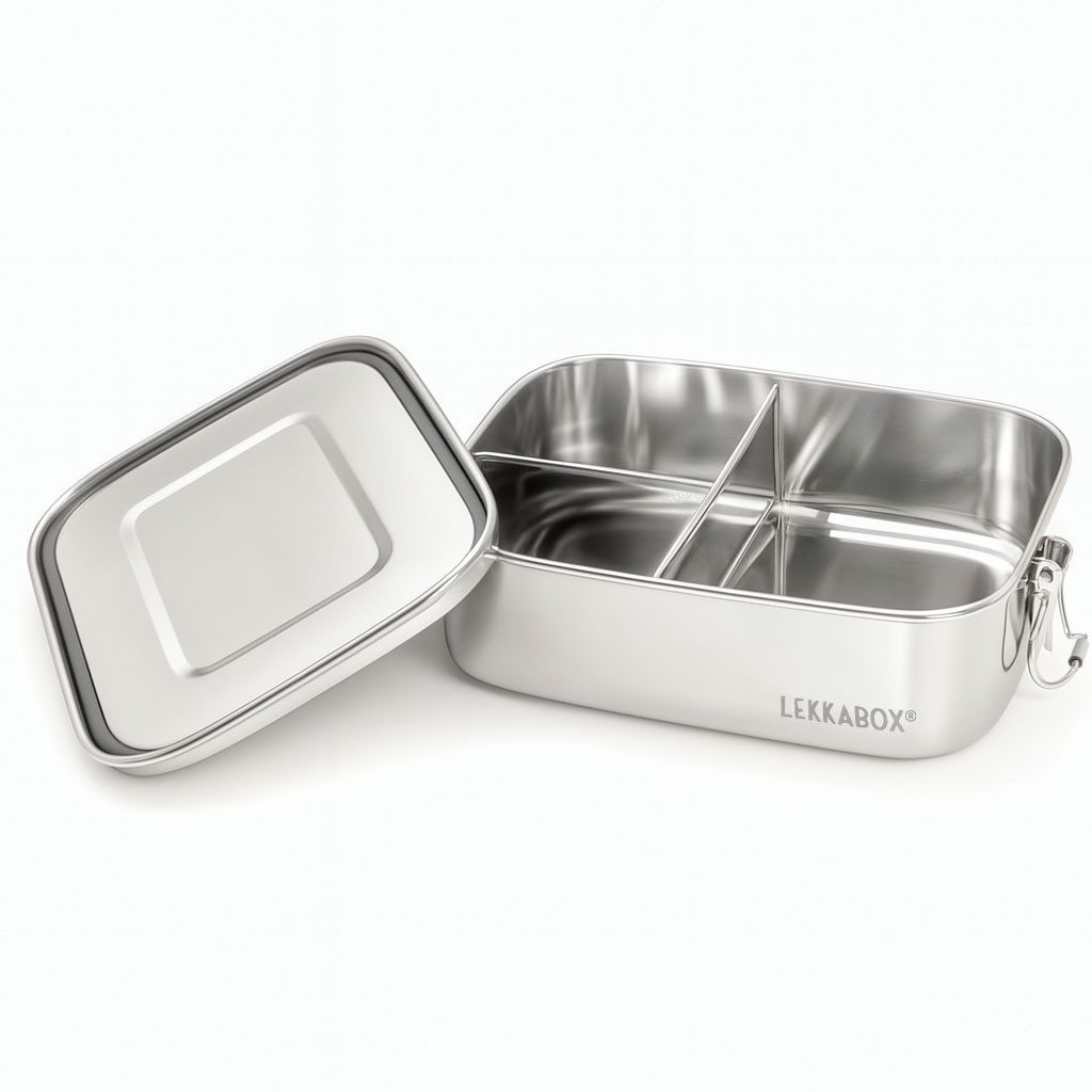 LEKKABOX Lunchbox Safe Lunchbox, 1000ml - Edelstahl Brotdose mit 3 Fächern auslaufsicher, Nach außen auslaufsicher, mit 3 Fächern für trockene Lebensmittel