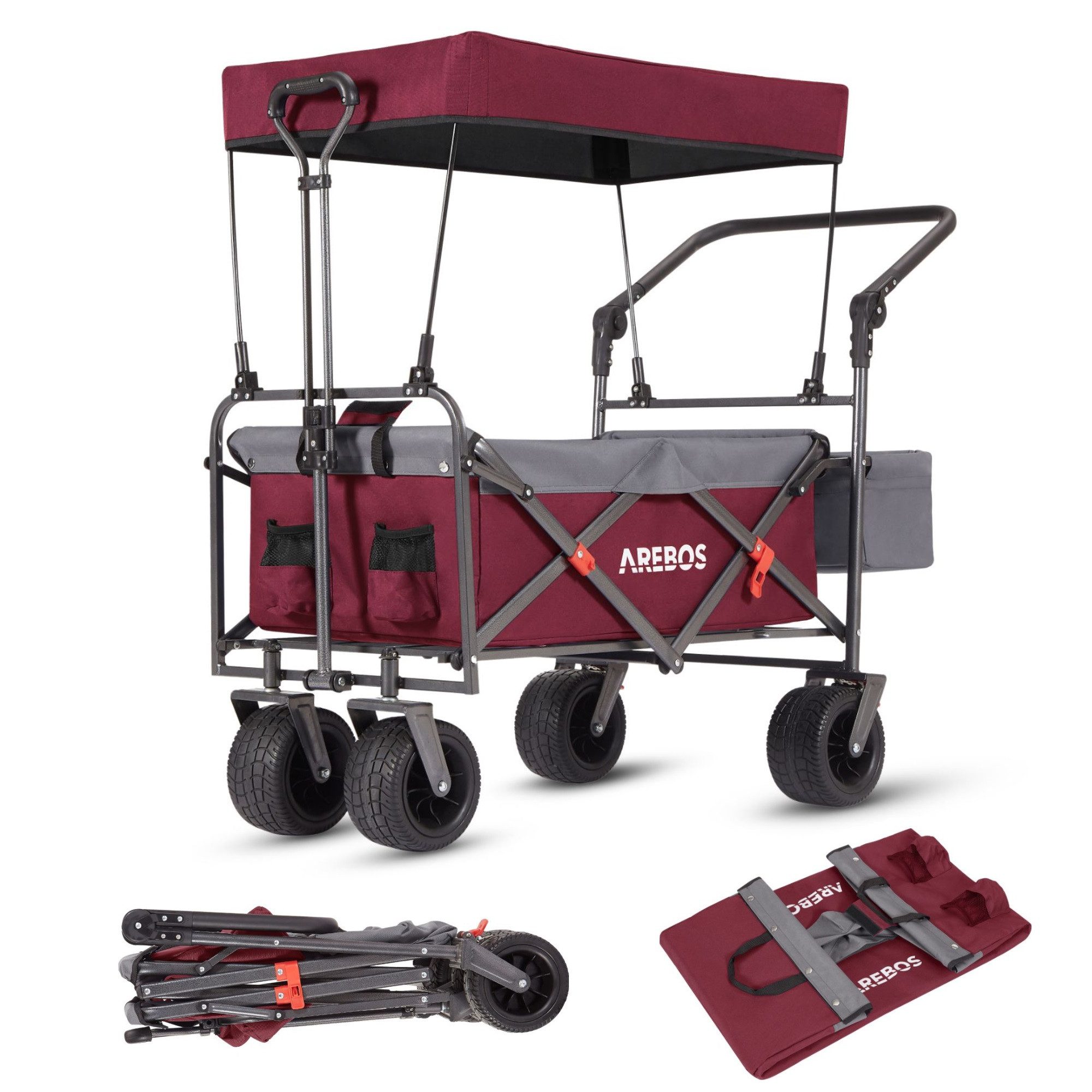 Arebos Bollerwagen Handwagen Luxus faltbar mit Dach, Tragfähigkeit von 100 kg (Rot/Grau), zusammenklappbar, Wasser- und schmutzresistent