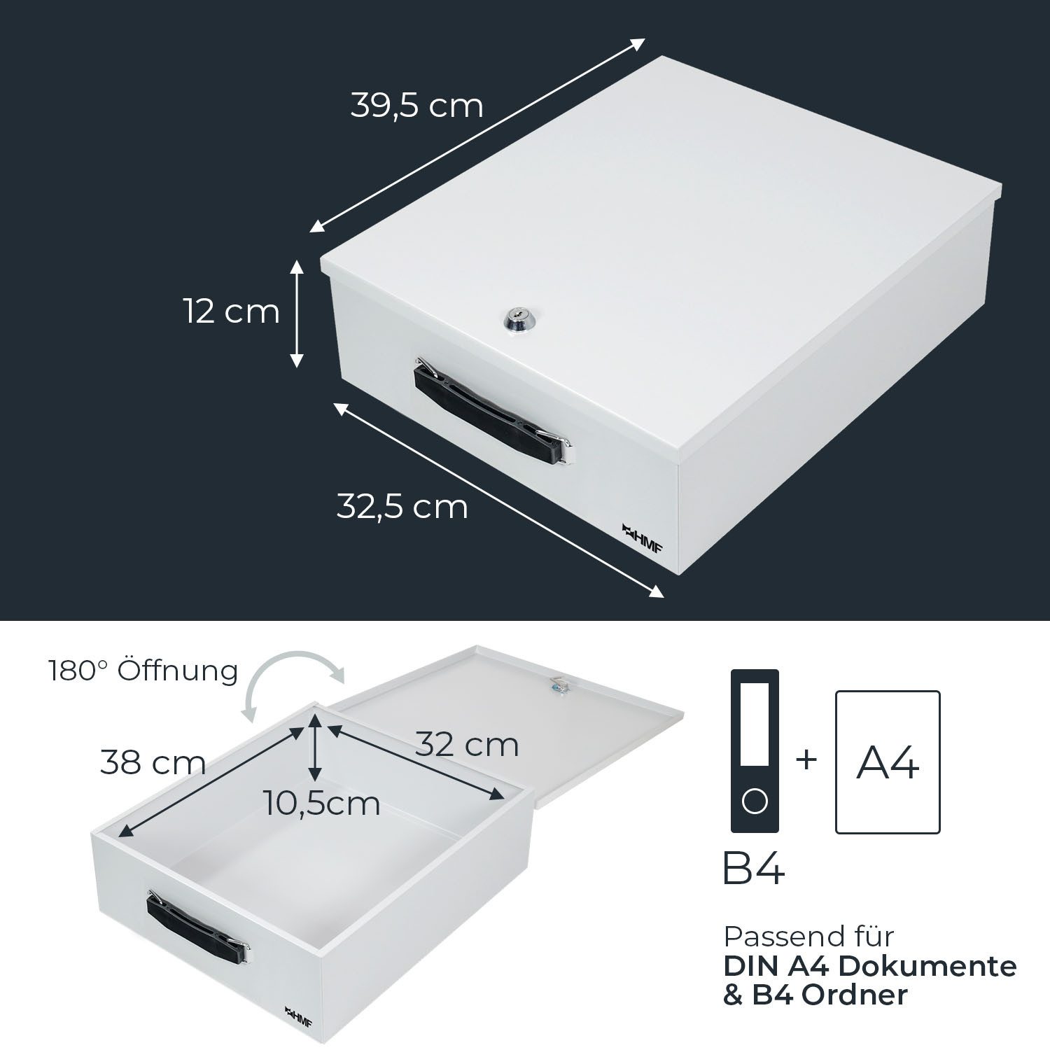 HMF Geldkassette Abschließbare XL Dokumentenkassette für Ordner DIN A4/B4, Dokumentenbox 39,5 x 32,5 x 12 cm, Lichtgrau – Bild 5 von 5