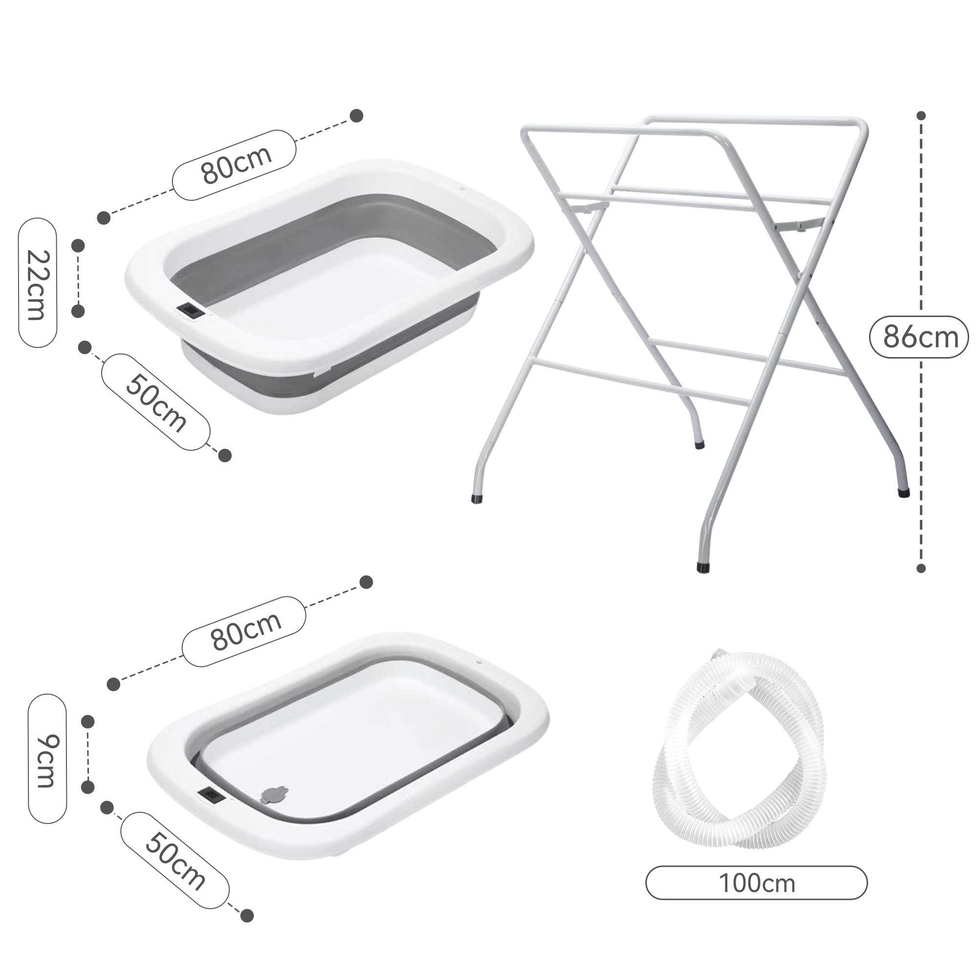 SEHAUSEU Babybadewanne Babywanne Badewanne mit Gestell faltbar, mit Thermometer, mit Abflussschlauch, Kissen–Matratze, Ablagebrett, Haarwaschbecher
