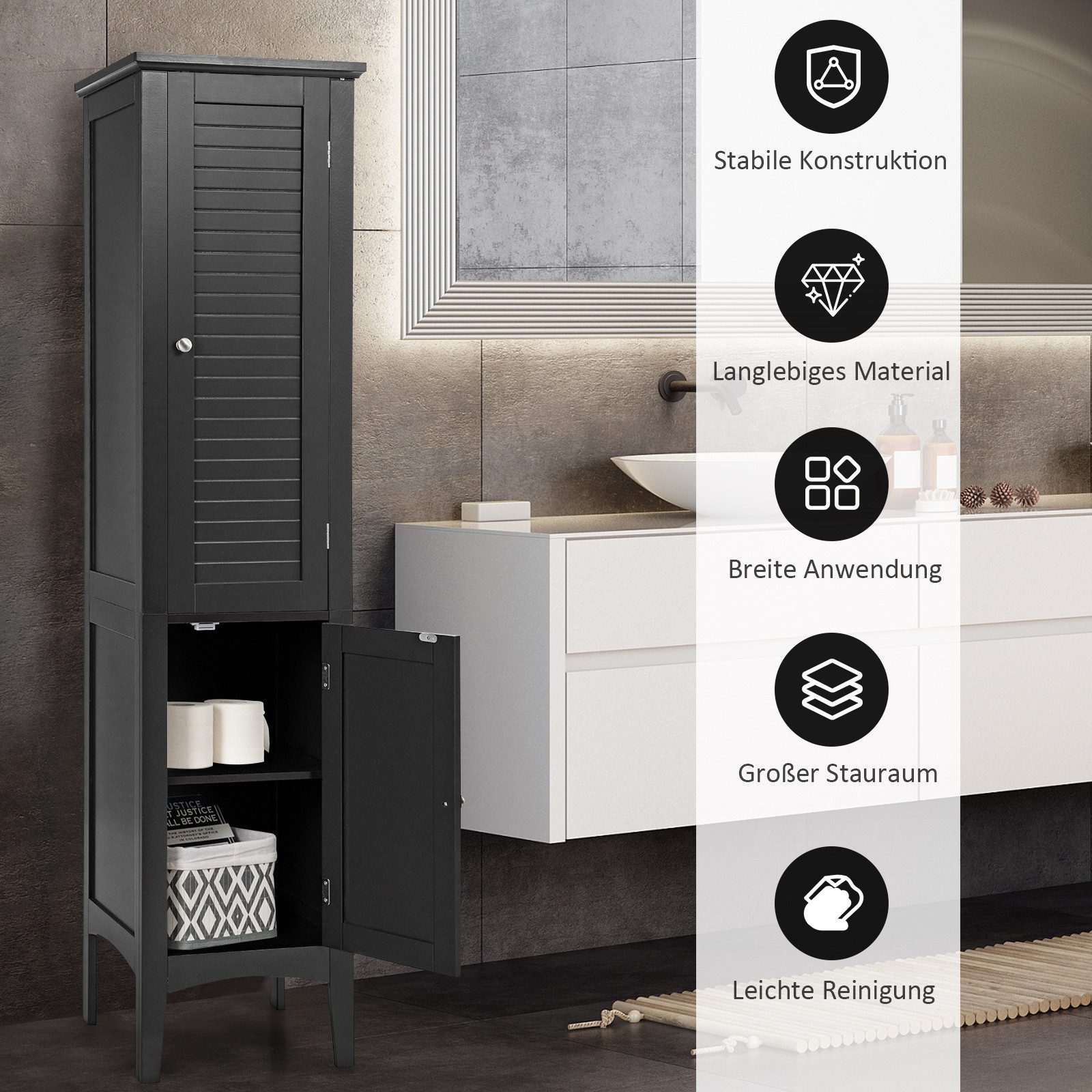 COSTWAY Hochschrank Bad,schmal,mit 2 Lamellentür,5 Fächern,37x37x160cm günstig online kaufen