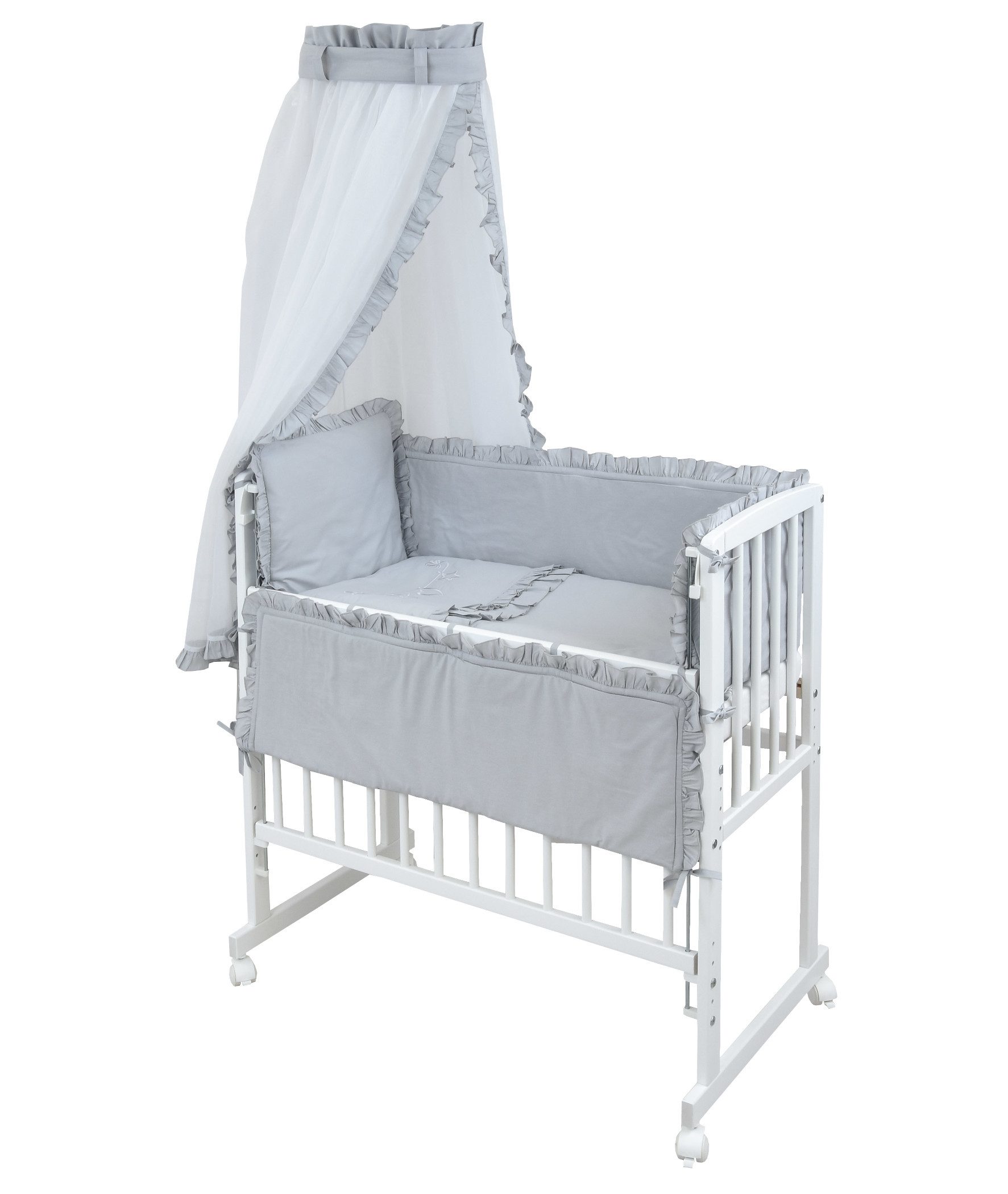Baby-Delux Beistellbett Babybett Royal Grau Rüsche, Stillbett 90x40 weiß höhenverstellbar, Matratze inkl. komplett Set