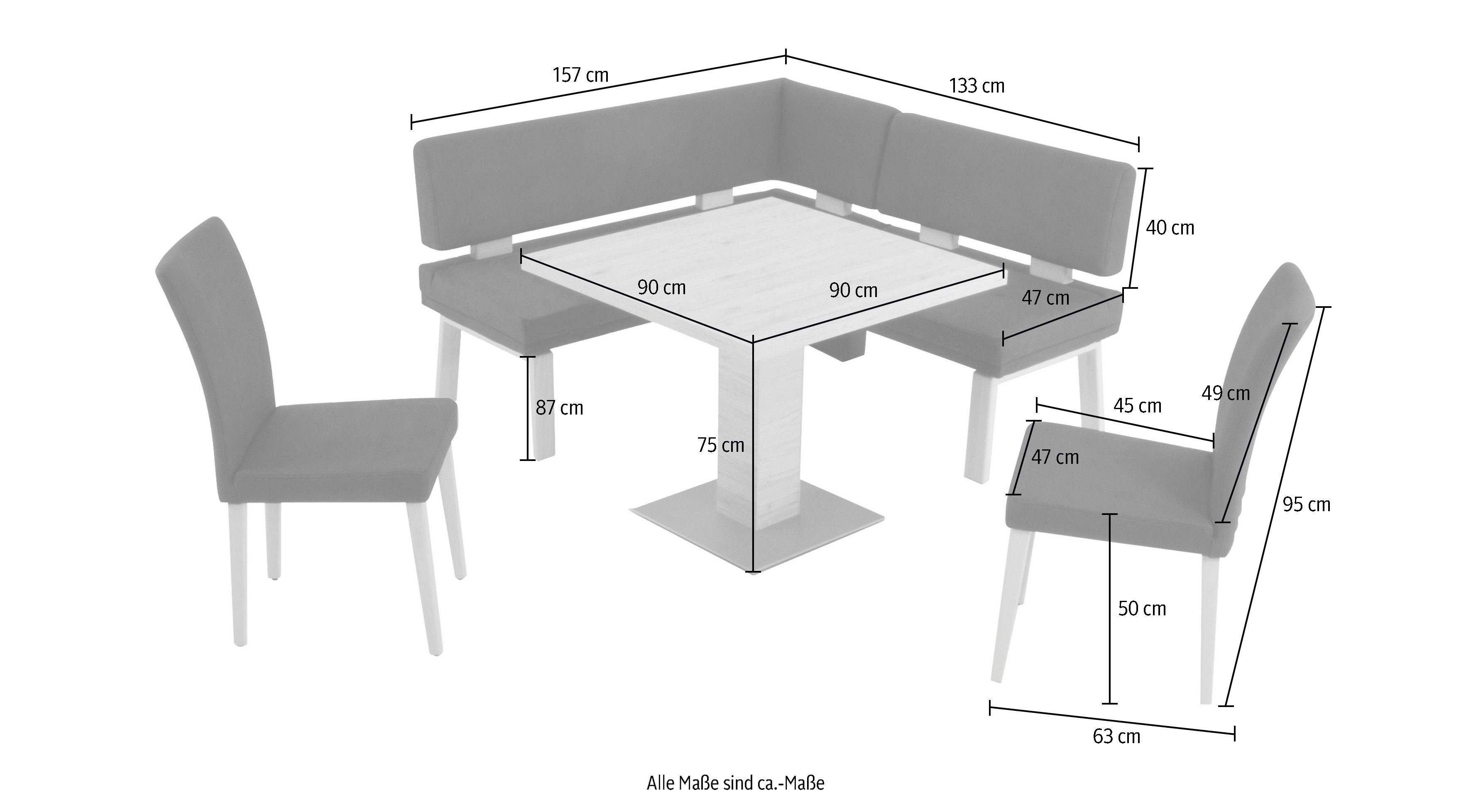 K+W Komfort & Wohnen Eckbankgruppe und sand 4-Fußholzstühle Santos Tisch 157cm, 90x90cm, Eiche zwei gleichschenklig I
