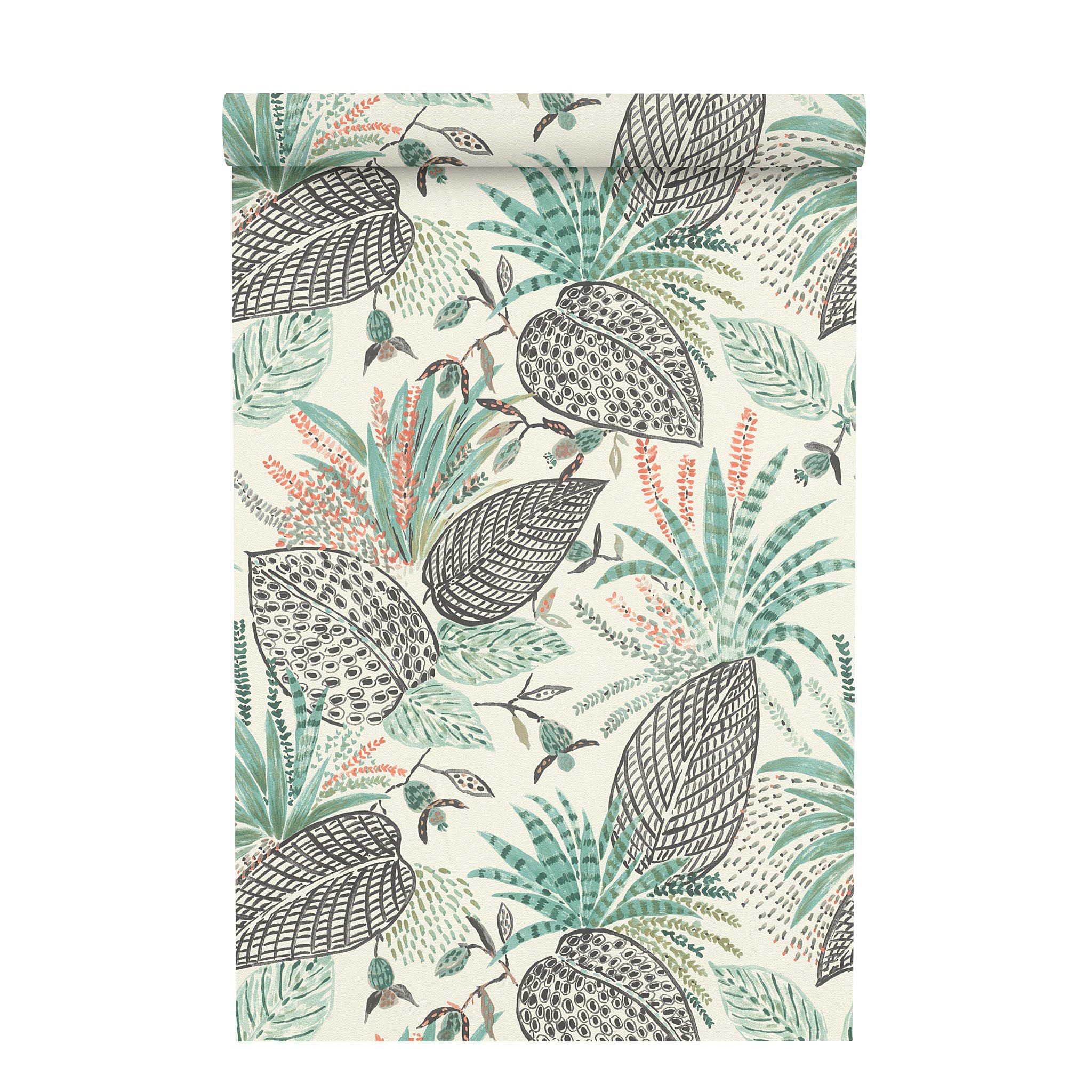 Rasch Vliestapete Blätter - Vinyltapete Weiß Creme Schwarz Grün Oliv, floral, bedruckt, (1 Rolle, 1 St., 10,05 m x 0,53 m), Lichtbeständige Farben - Feucht abwischbar - Restlost abziehbar