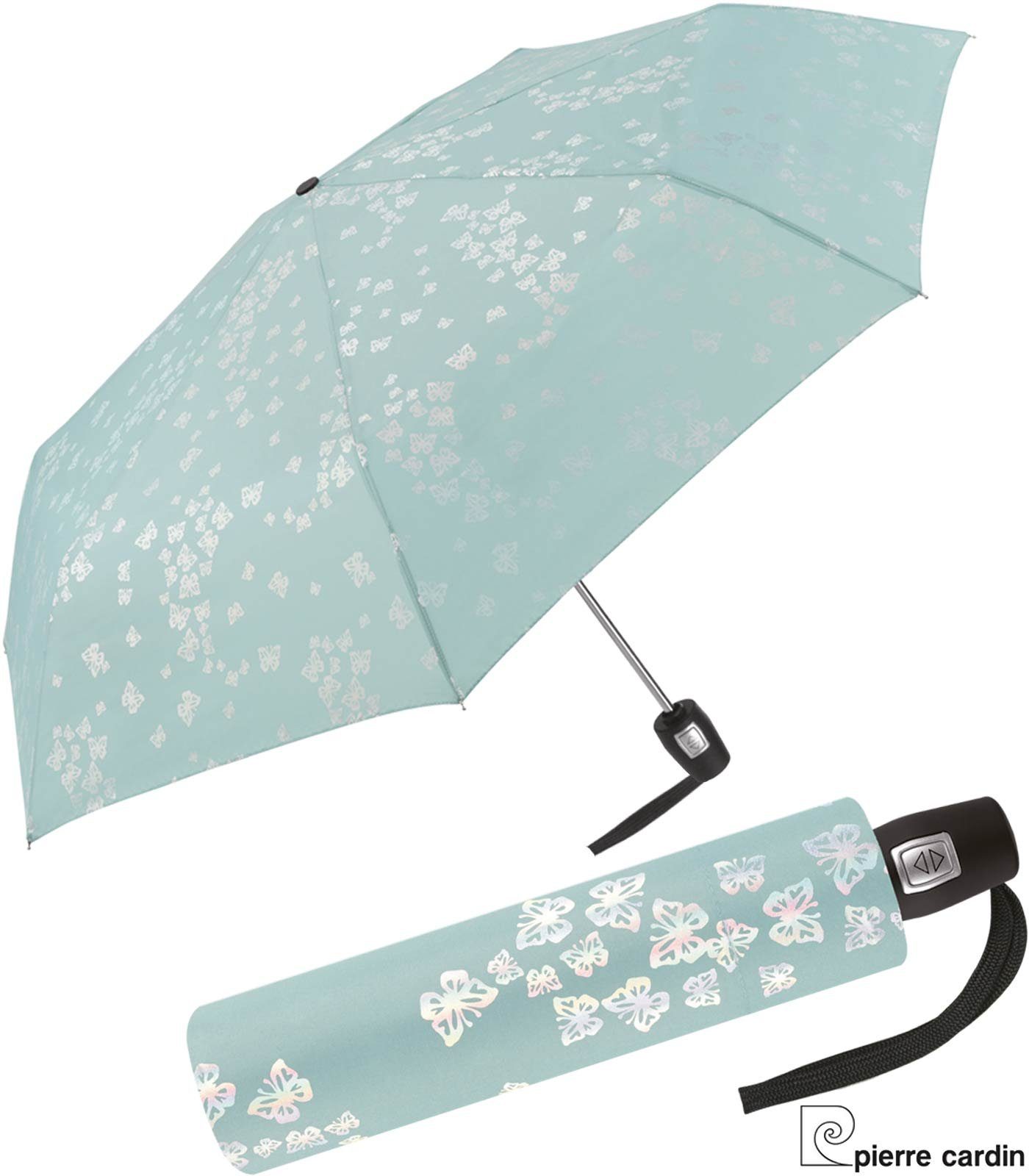 Pierre Cardin Taschenregenschirm schlanker Damen-Regenschirm mit Auf-Zu-Automatik, ein zart schimmernder Schmetterlingsschwarm