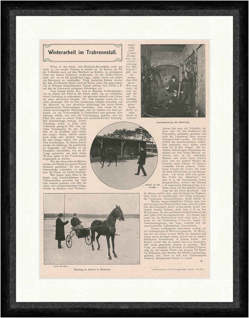 Kunstdruck Winterarbeit im Trabrennstall. An der Longe Pferde Sport F_Vintage 005, (1 St)