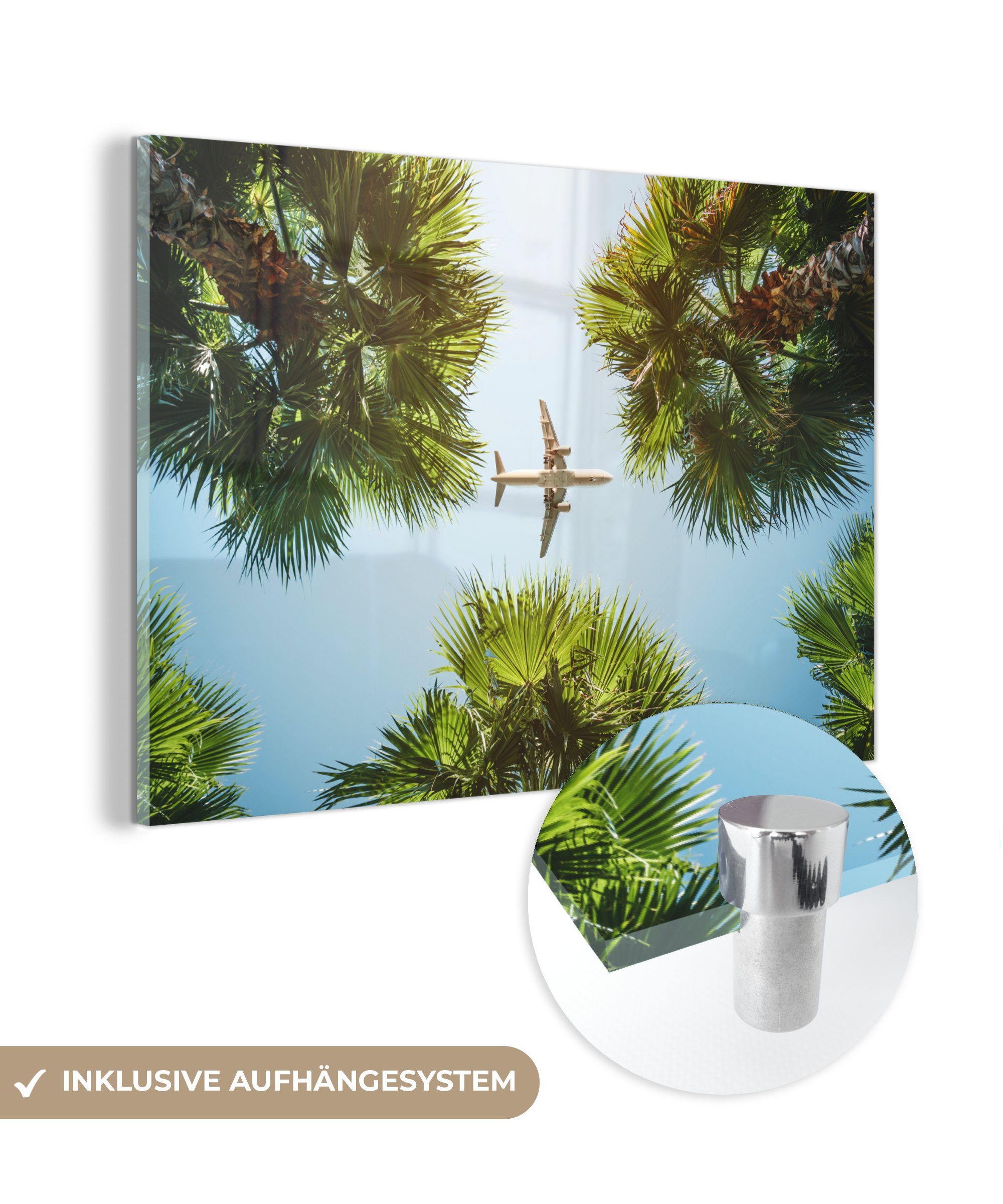 MuchoWow Acrylglasbild Flugzeug - Palmenblatt - Sommer, (1 St), Acrylglasbilder Wohnzimmer & Schlafzimmer