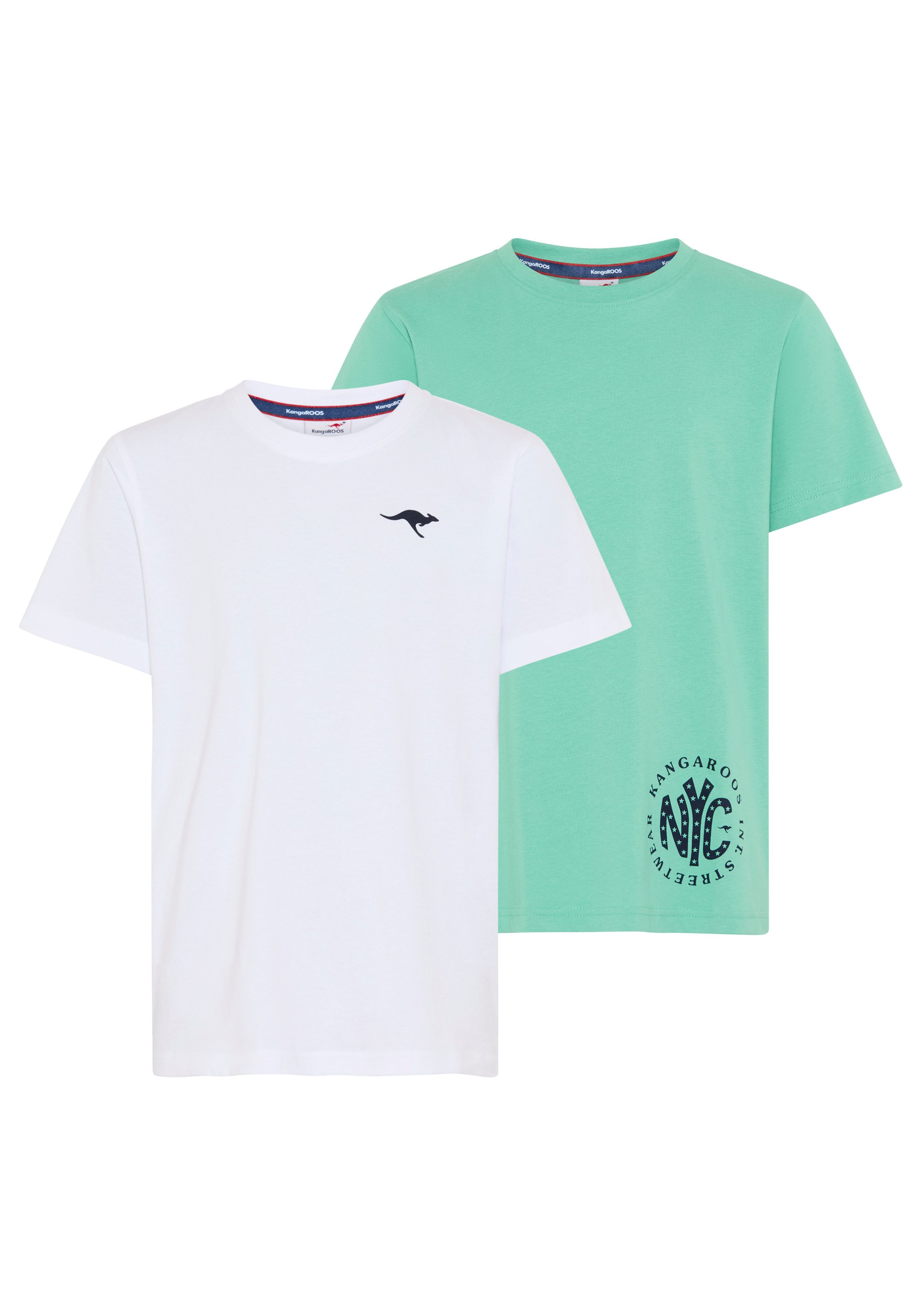 KangaROOS T-Shirt Kangaroos 2er Pack T-Shirts (Packung, 2-tlg., 2) Basic Passform, mit Rundhalsausschnitt, bedruckt, aus Baumwolle
