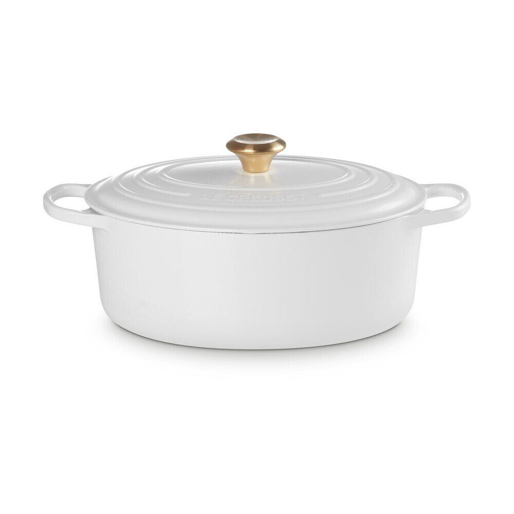 LE CREUSET Bräter Bräter mit Deckel 31 cm Signature White, Gusseisen, ovaler Schmortopf, Cocotte, Bratentopf, ca. 6-7 Pers., Ø31cm, weiß