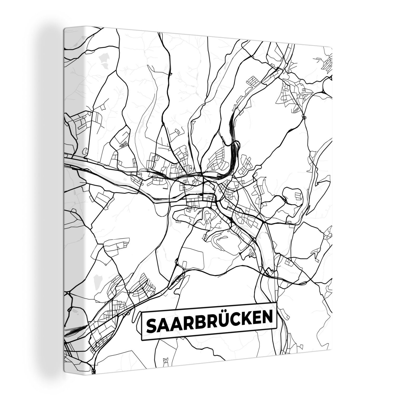 OneMillionCanvasses® Leinwandbild Karte - Saarbrücken - Karte - Stadtplan, (1 St), Leinwand Bilder für Wohnzimmer Schlafzimmer