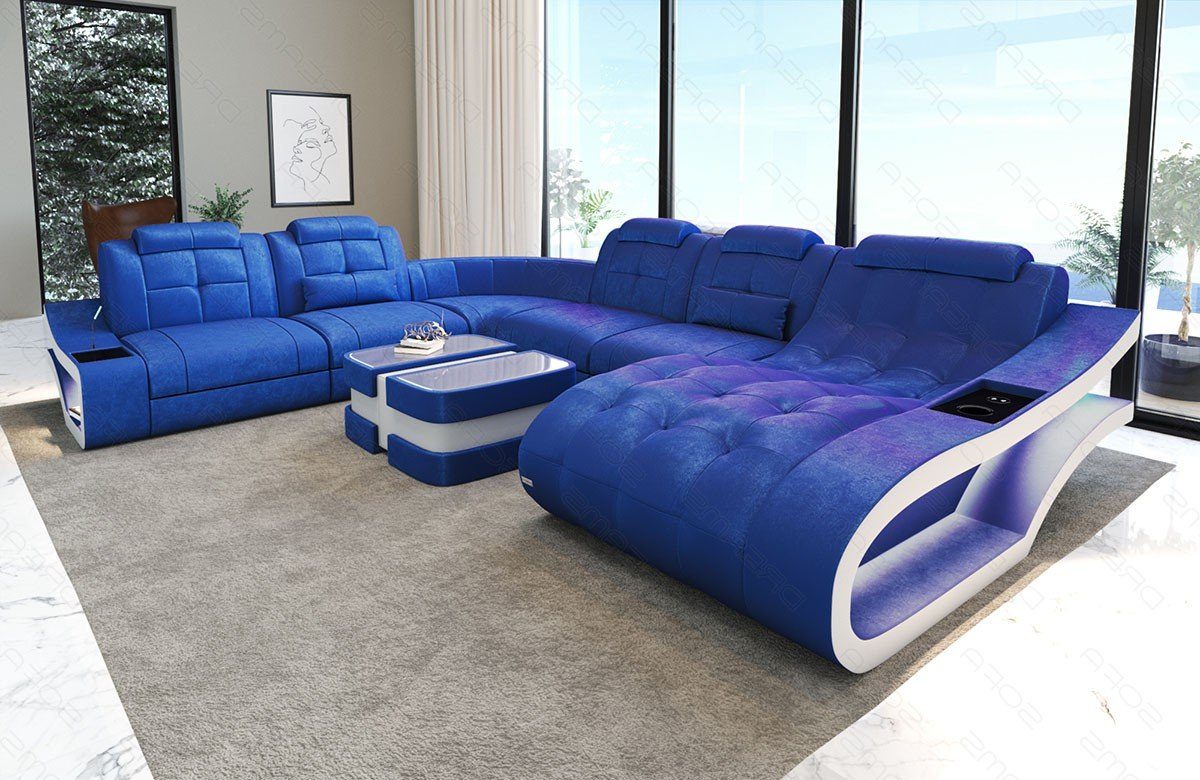 Sofa Dreams Wohnlandschaft Polstersofa Stoff Sofa Elegante S - XXL Form Stoffsofa, wahlweise mit Bettfunktion blau-weiß