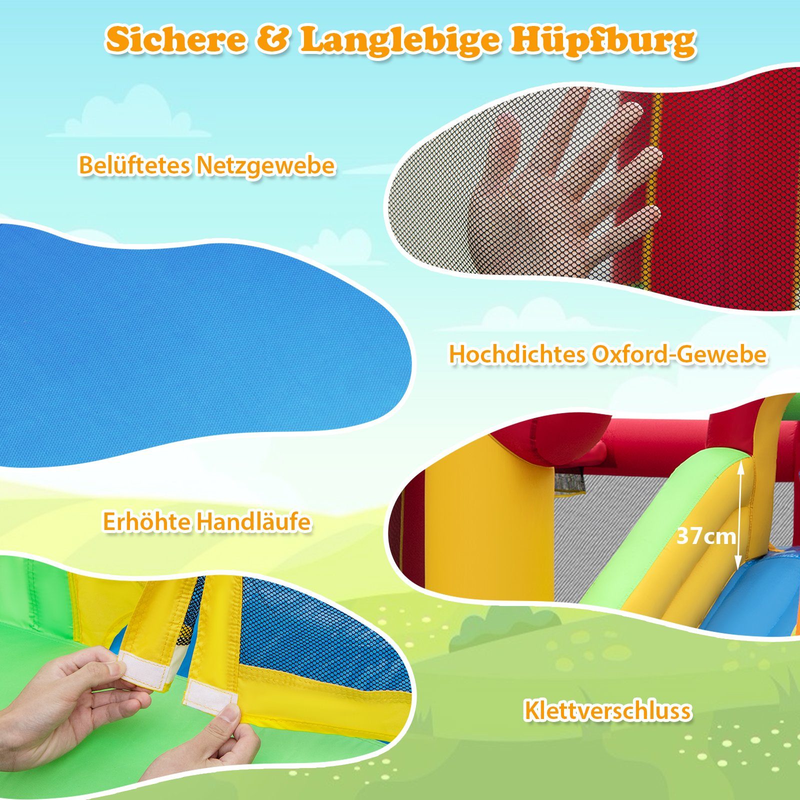 COSTWAY Hüpfburg Spielburg, Springburg, mit Gebläse, Rutsche, Ozeanbällen