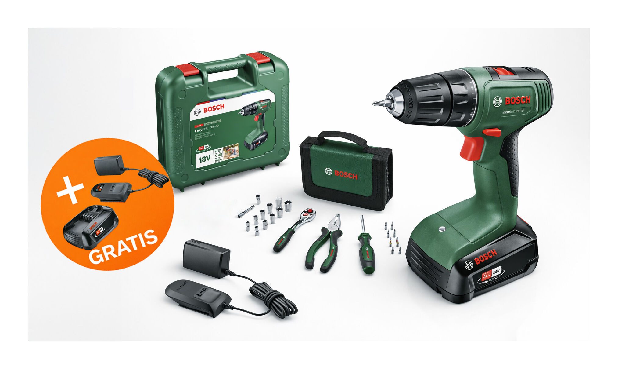 Bosch Home & Garden Akku-Bohrschrauber EasyDrill 18V-40, 18 V, Mit 1x Akku 2 Ah, Mobility Werkzeug-Set 26 tlg. plus Gratis-Starter
