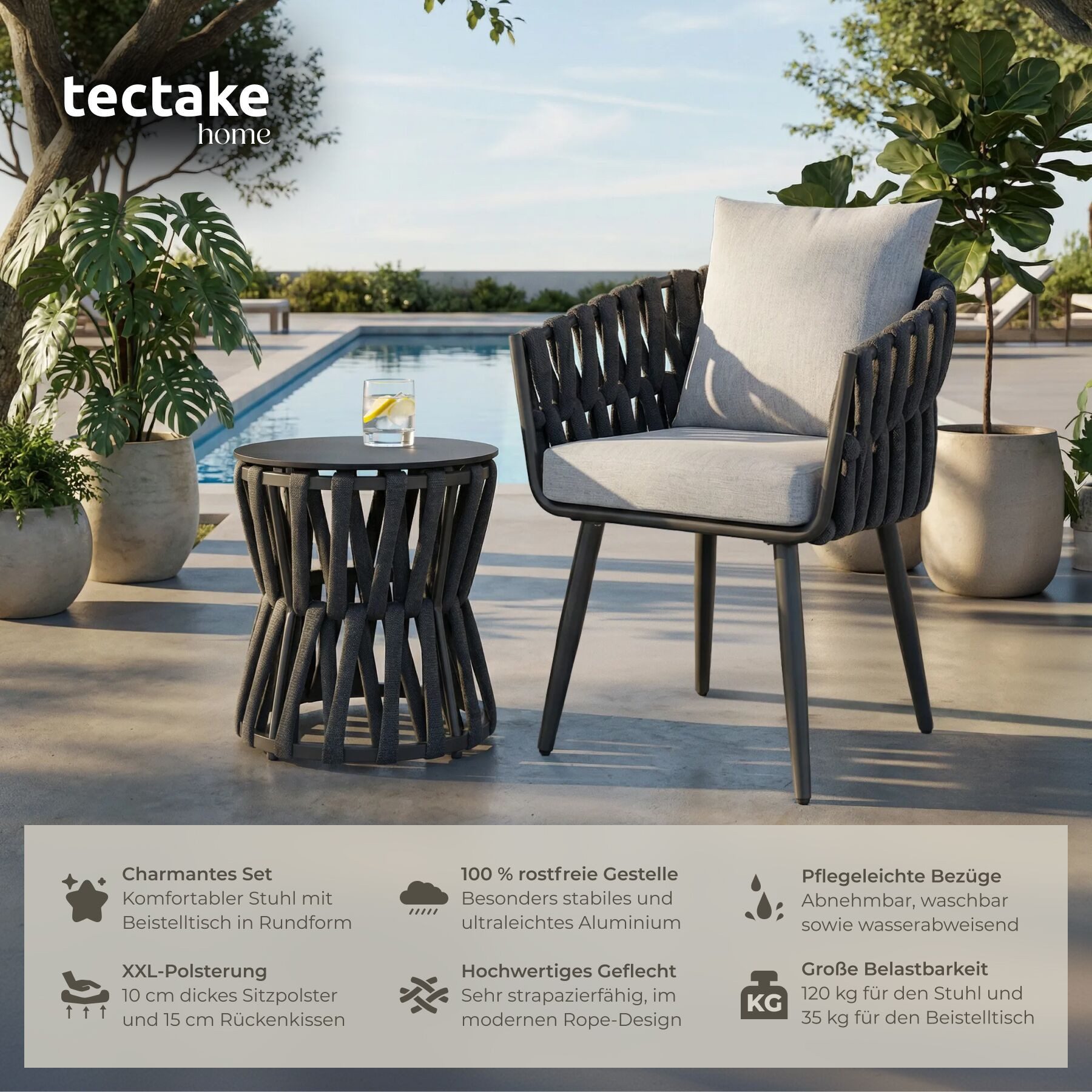 tectake Gartenlounge-Set Aluminium Sitzgruppe, höhenverstellbar, mit Sicherheitsglasplatte, (Set., 3-tlg., im Rope-Design in anthrazit/grau), Extra dickes Sitzpolster und komfortables Rückenkissen