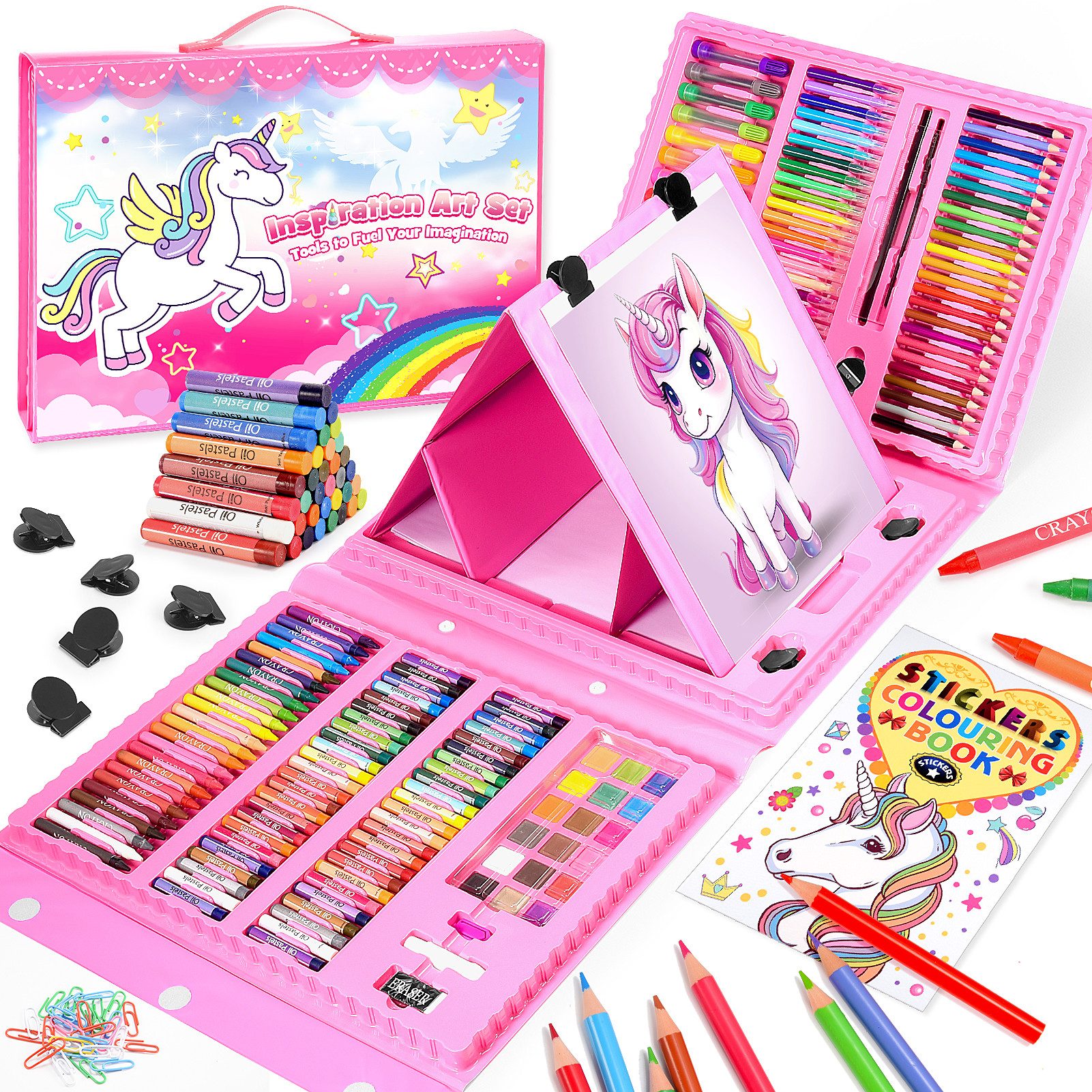 Wootoy Kreativset Mal- und Bastelset Einhorn-Design Wachsmalstift-Set Kinder Malset, (mit Buntstiften Ölkreiden Wasserfarben und Bastelzubehör, 208-tlg., Geschenkidee für kreative Kinder ab 3 Jahren), Praktischer Tragekoffer für geordnete Aufbewahrung einfachen Transport