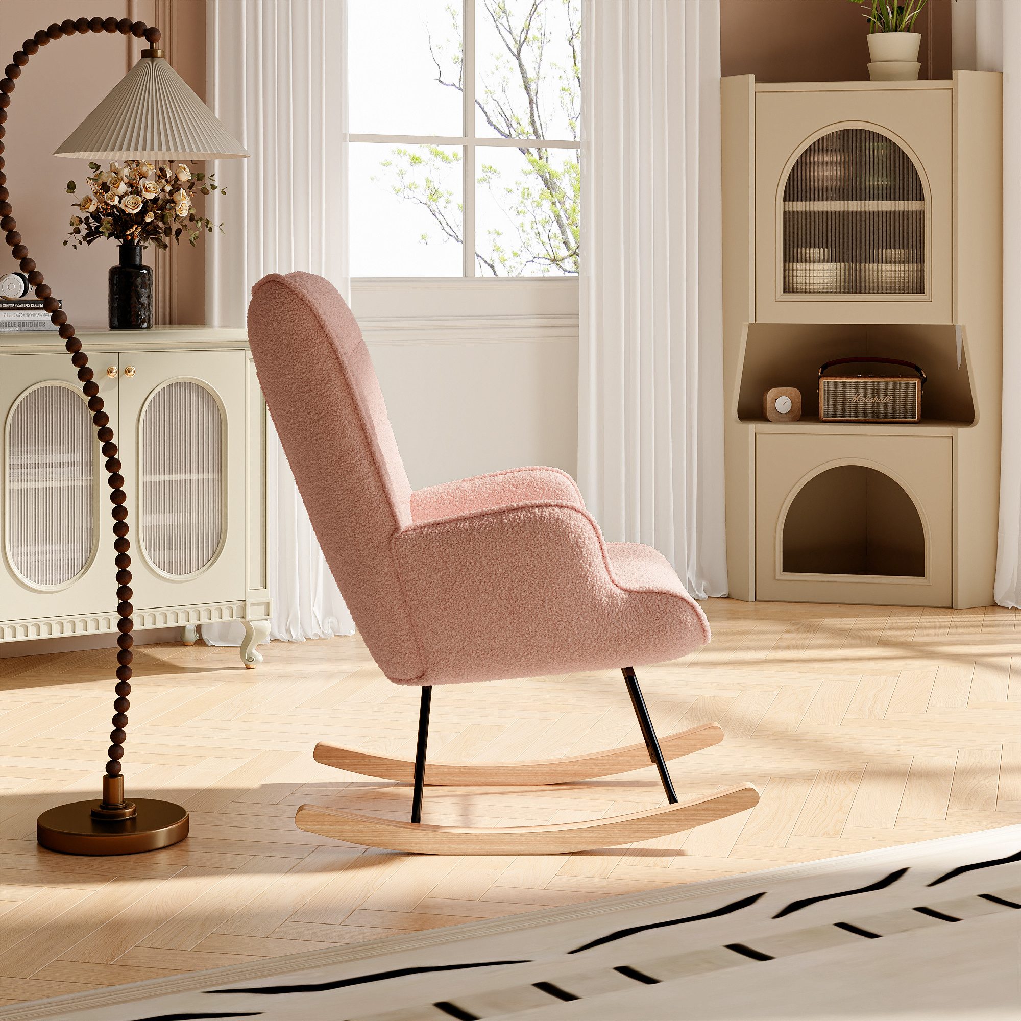 PXloue Schaukelstuhl Stillsessel Relaxsessel Loungesessel, Mit Holzkufen Wohnzimmersessel für Schlafzimmer Kinderzimmer,Teddysamt