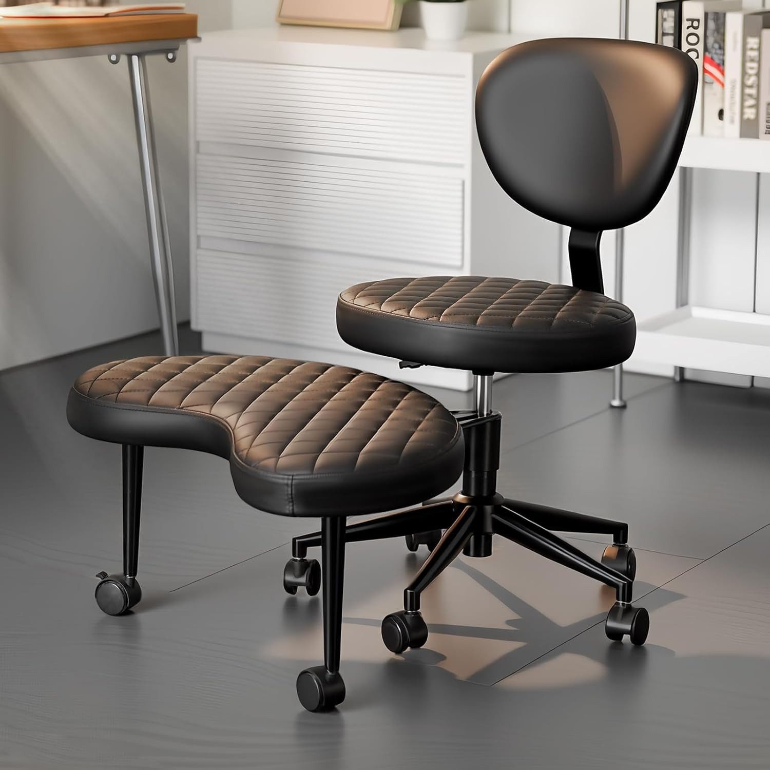 Patbrela Bürostuhl mit Kreuzbeinen,Ergonomischer Kniestuhlm,360° drehbar, PU-Leder Schwarz