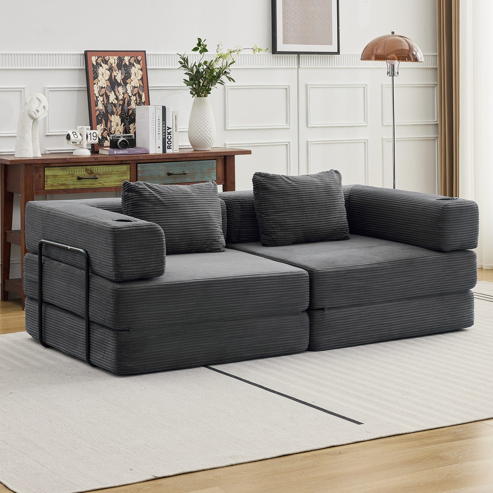 Vankel Sofa Sofas Wohnzimmer, Schlafsofa aus Cord mit Bettfunktion, Faltbares Bodensofa mit Liegefunktion für kleine Räume