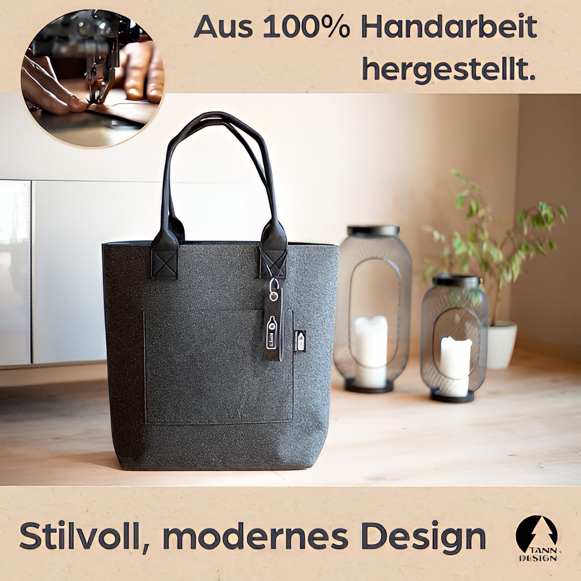 Tanndesign Einkaufsshopper Damen-Shopper Filz Grau aus recyceltem PET (21L) + Schlüsselanhänger, 21 l – Bild 4 von 5