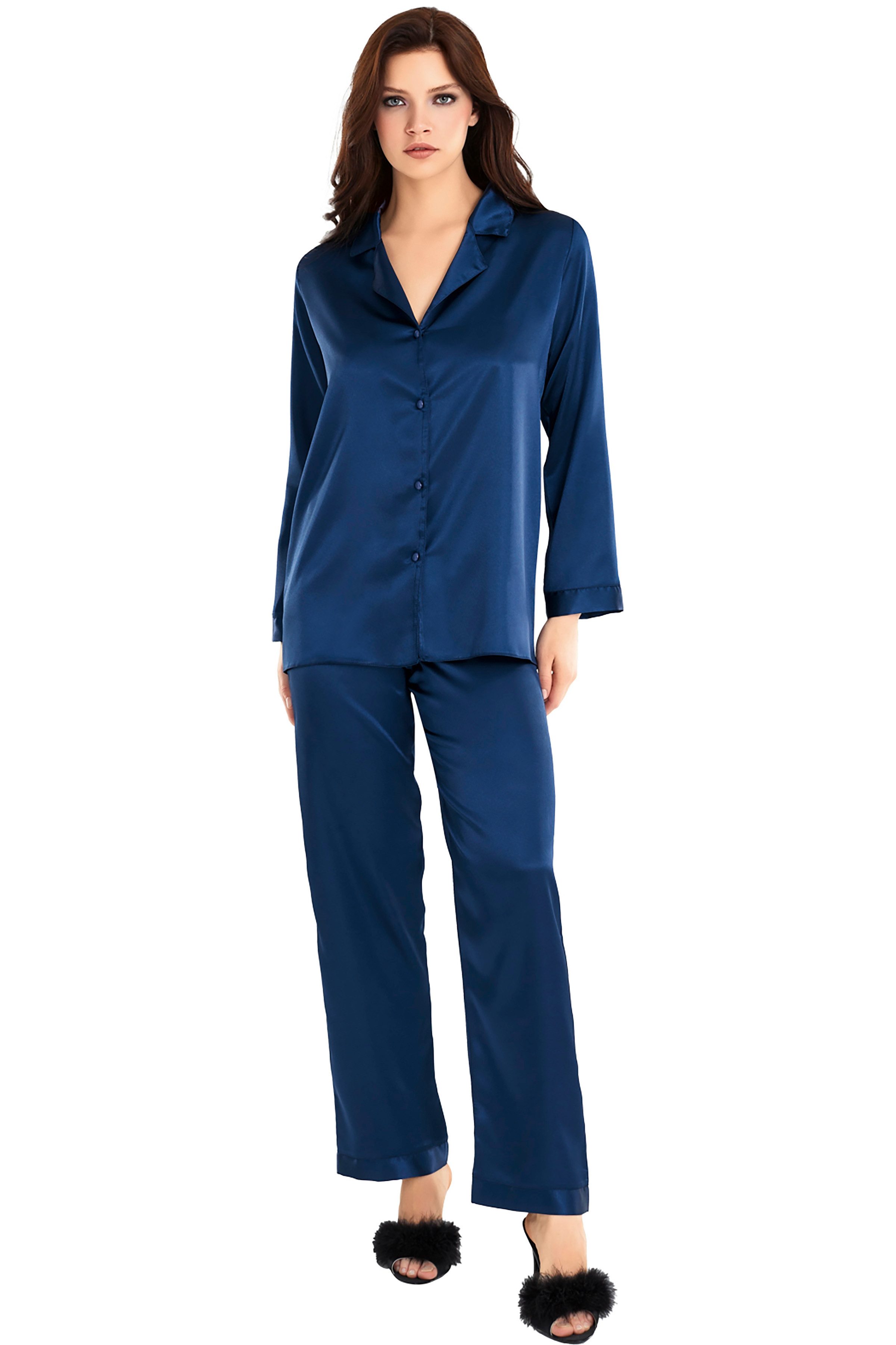 Pyjamahose Zweiteiliges Satin-Pyjama-Set mit Knopfleiste günstig online kaufen