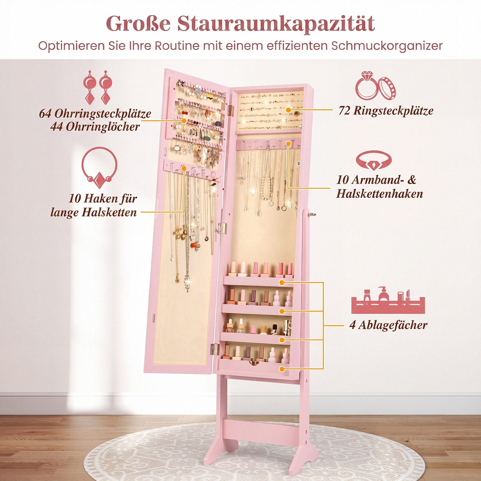 COSTWAY Schmuckregal mit Ganzkörperspiegel, Schmuckschrank neigbar, Schmuckständer – Bild 4 von 5