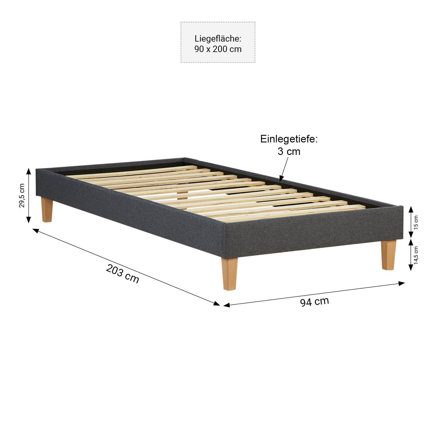 Homestyle4u Polsterbett 90x200 Futonbett mit Lattenrost Einzelbett Jugendbett Bettgestell Grau (Komplett-Set mit Lattenrost, Matratze OEKO-TEX® Standard 100), Holzbeine