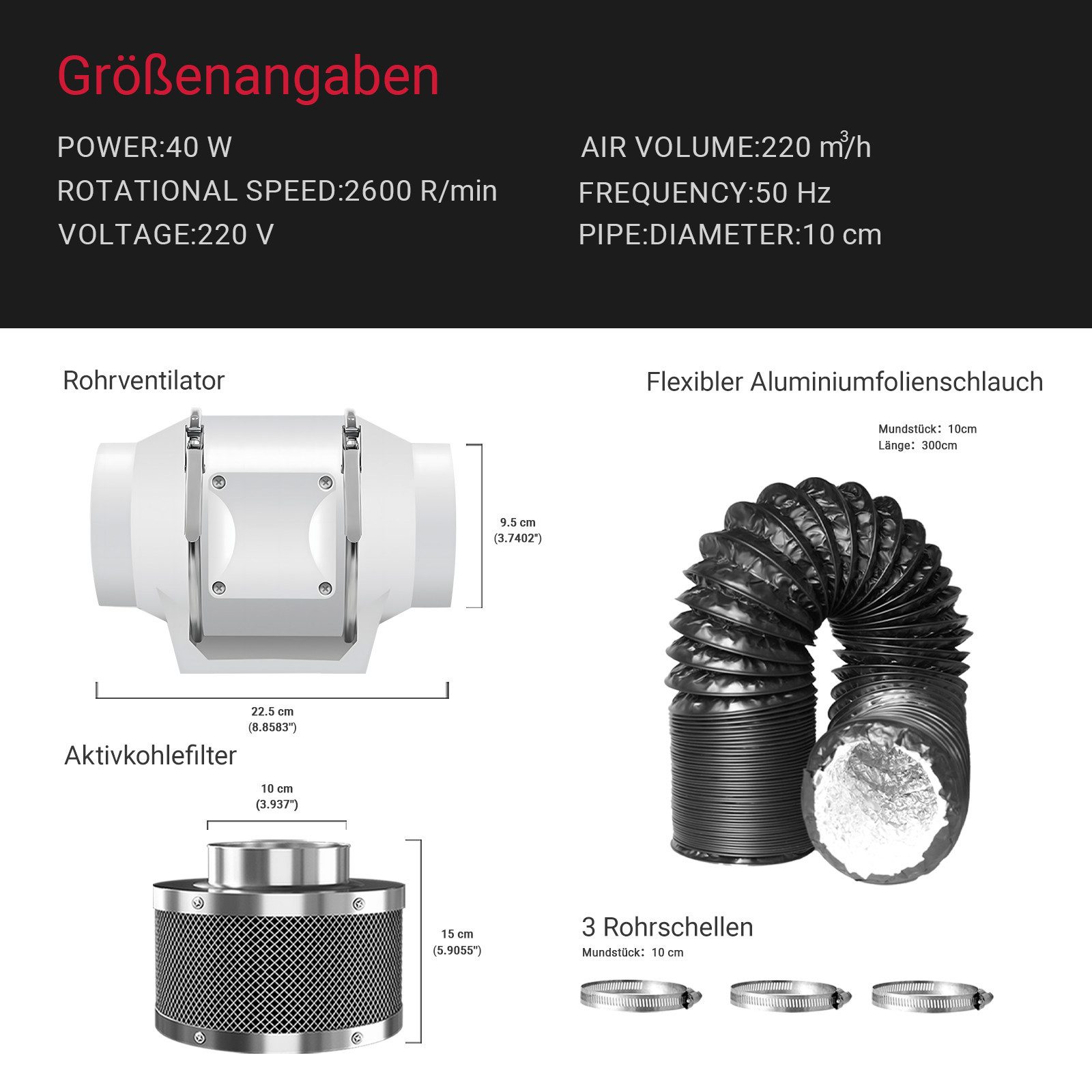 CannoBox Standventilator CannoBox Rohrventilator 100 Abluft Komplettset Aktivkohlefilter, 4 Zoll,220 m³/h, ≈30 dB,IAV-Wert 1200+,growzelt