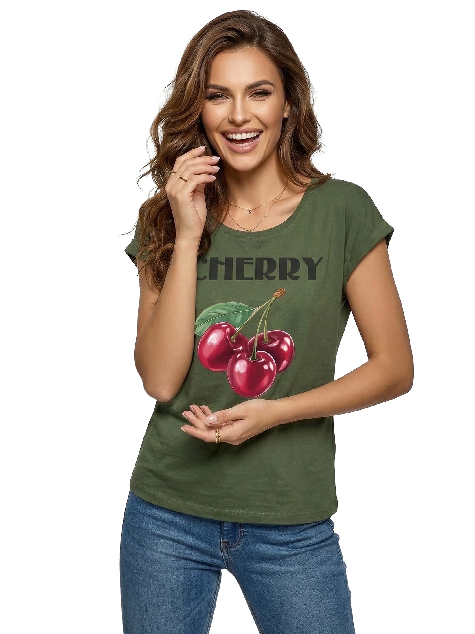 MAKAYA Kurzarmshirt Damen Sommer Shirt mit Aufdruck Kirschen Luftig Elegant Sportlich (Weiß, Rosa, Grau, Grün, 34, 36, 38, 40, 42, 44, 46, 48, 50) große Größen
