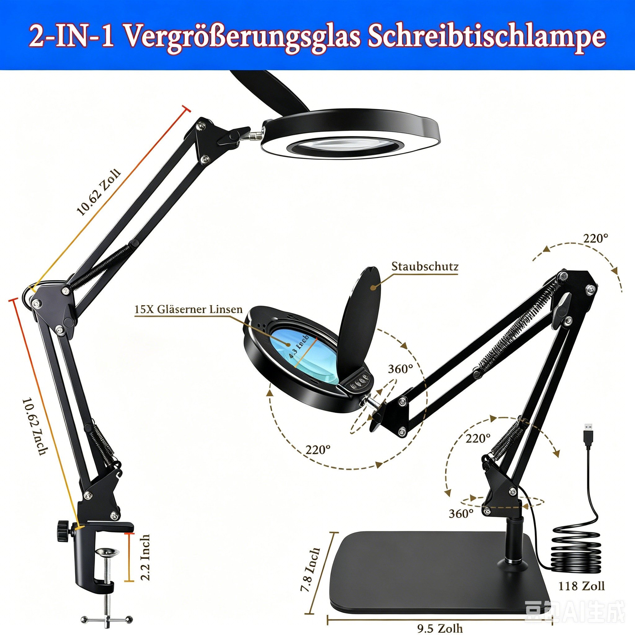 AIBISTAR Lupenlampe 15X LED Lupenlampe mit Klemme & Standfuß, dimmbar, LED wechselbar, Warmweiß bis Kaltweiß, 15X Vergrößerung, 84 LEDs dimmbar, 5 Lichtmodi