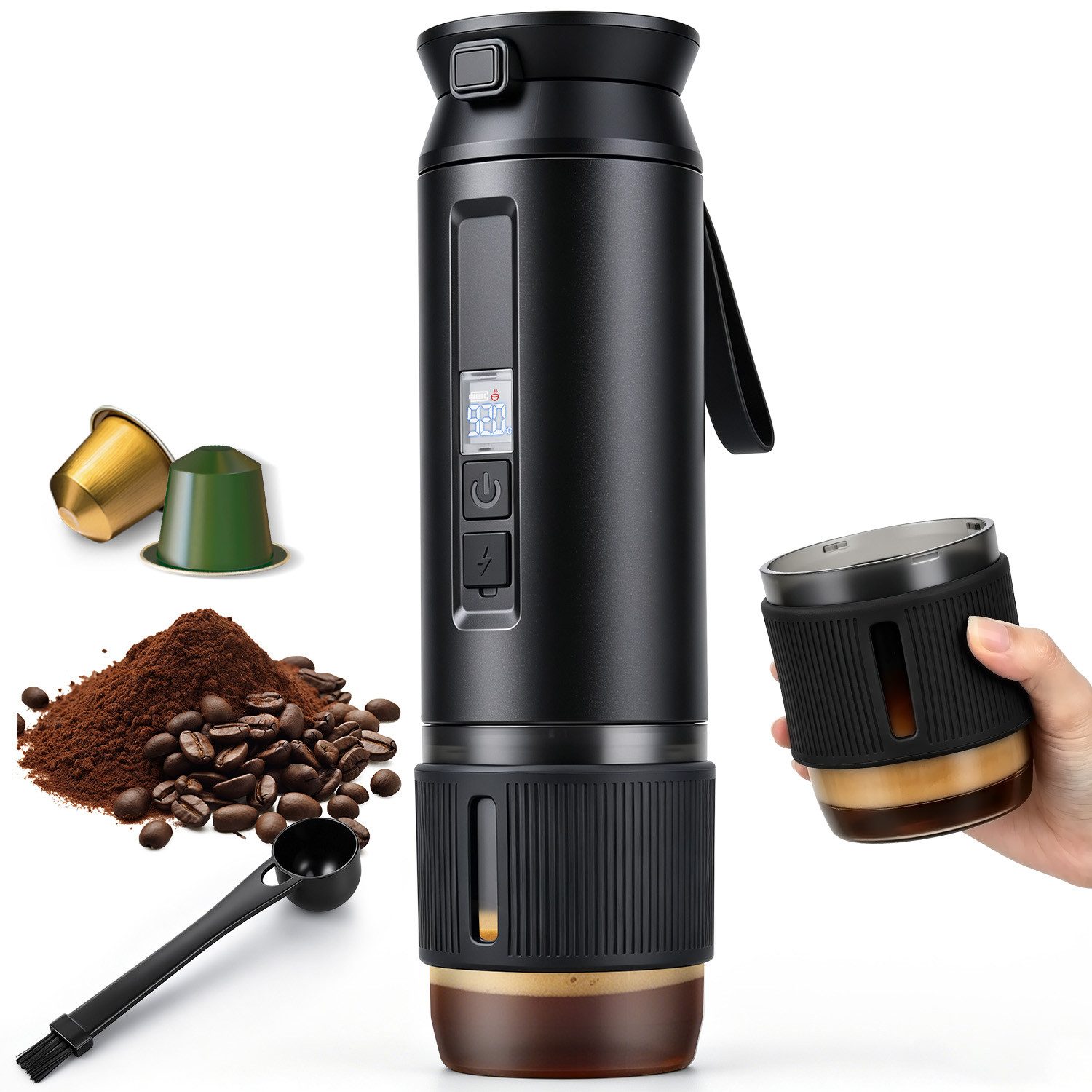 CkeyiN Reisekaffeemaschine Espressomaschine tragbar 25 Bar 80ml Wassertank, 0,325l Kaffeekanne, Korbfilter, für NES Kapseln, Kaffeepulver, Kaffeemaschine unterwegs Büro