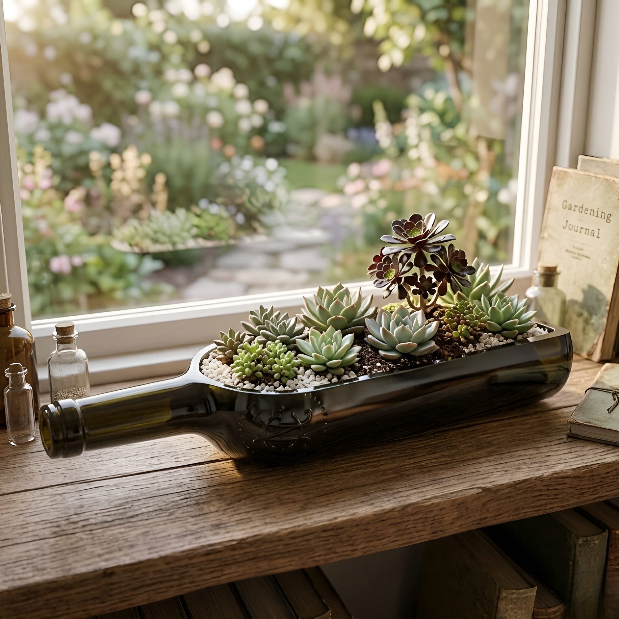 Upglassic Sukkulente Planter aus echter Weinflasche – Upcycling Pflanzgefäß für Sukkulenten Blumentopf für Sukkulenten (Maße: ca. 30 x 7 x 6 cm), 1 St., Upcycli – Bild 4 von 5