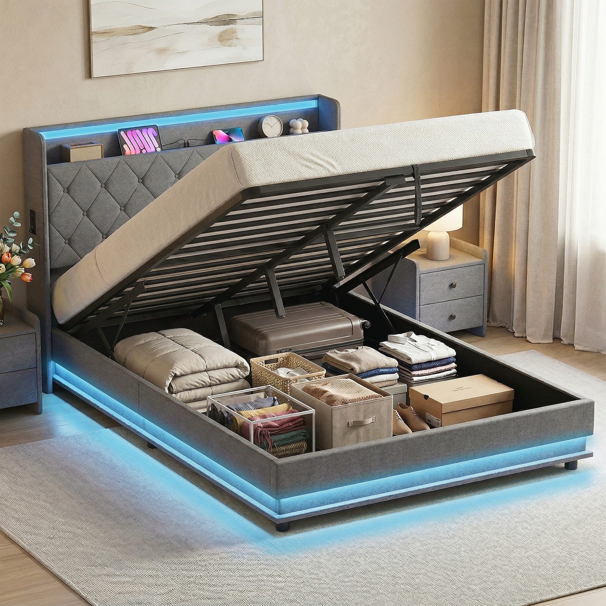 HOMCOM Bettgestell Metallbett mit Regal (Doppelbett, 1-tlg., Bettrahmen), Hydraulischer Bettkasten, LED, USB, gepolstertes Kopfteil