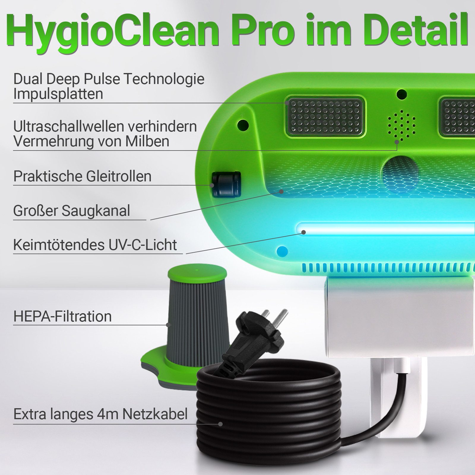 HEIMWERT Handstaubsauger Milbensauger Bettwanzen Milben, 400 W, UV-C Licht & Tiefenvibration, 400W fasertiefe Reinigung