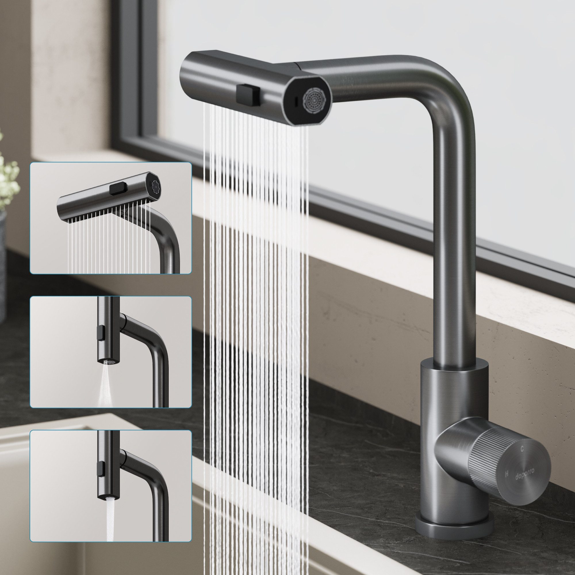 doporro Küchenarmatur Spültischarmatur ausziehbar mit 3 Strahlarten aus Edelstahl Turnix-02 mit Keramikkartusche, 360° schwenkbar