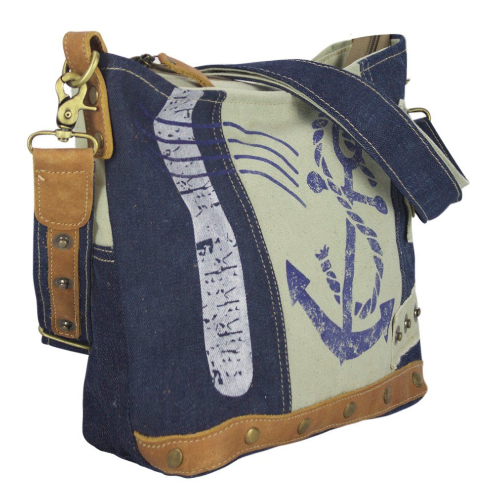 Sunsa Umhängetasche Upcycling Umhängetasche Tasche mit Maritim Motiv Schultertasche Anker, Upcycling Tasche, echtes Leder, recycelter Jeansstoff