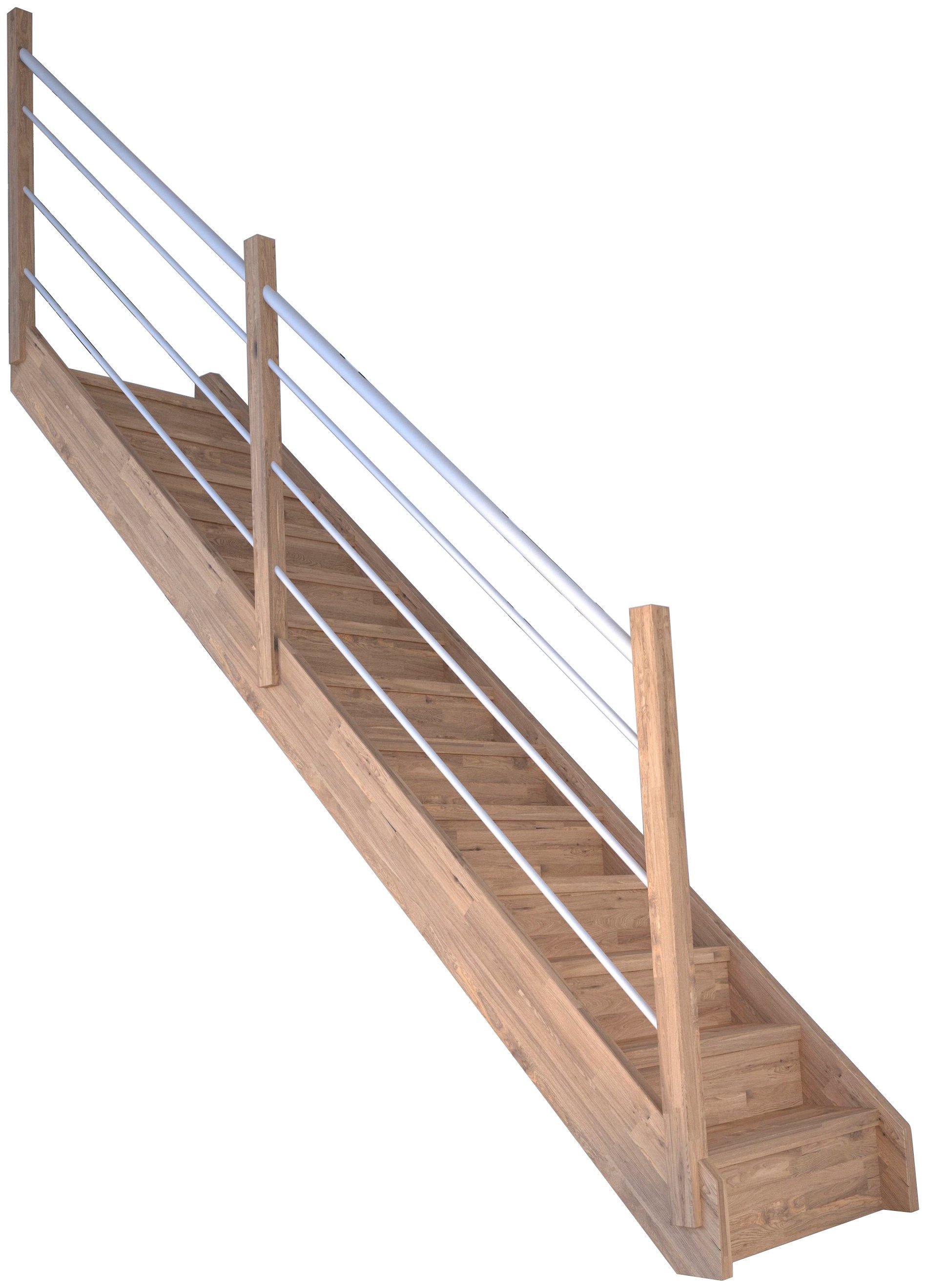 geschlossen, Holz-Edelstahl Starwood Wangenteile Weiß Stufen Mykonos, 280 bis Systemtreppe Durchgehende Massivholz Geschosshöhen für cm, Links,
