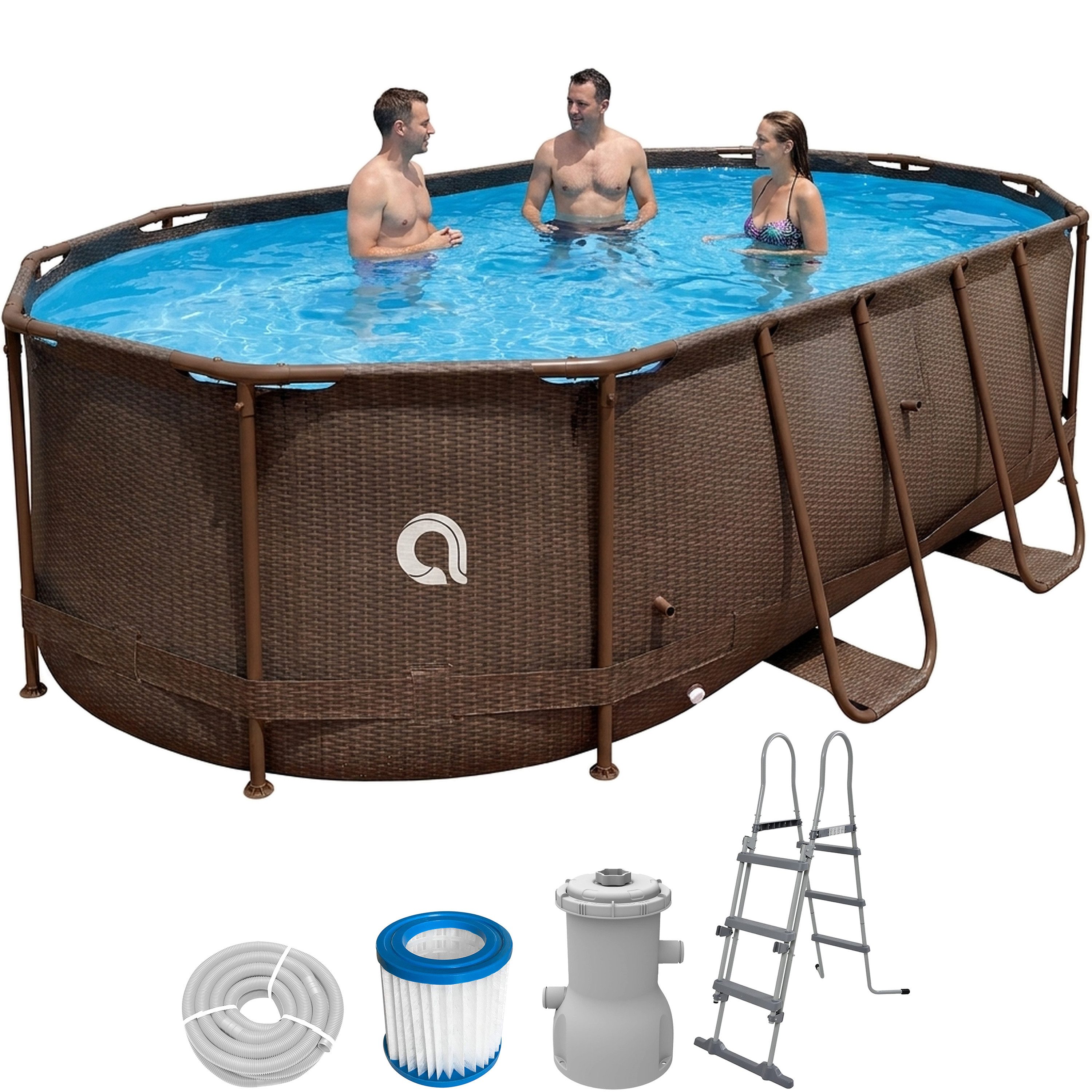 Avenli Framepool Frame Oval Pool Set 427x275x100 cm Rattan Optik (Stahlrahmenpool Komplettset, Aufstellpool inklusive Zubehör), Sicherheitsleiter