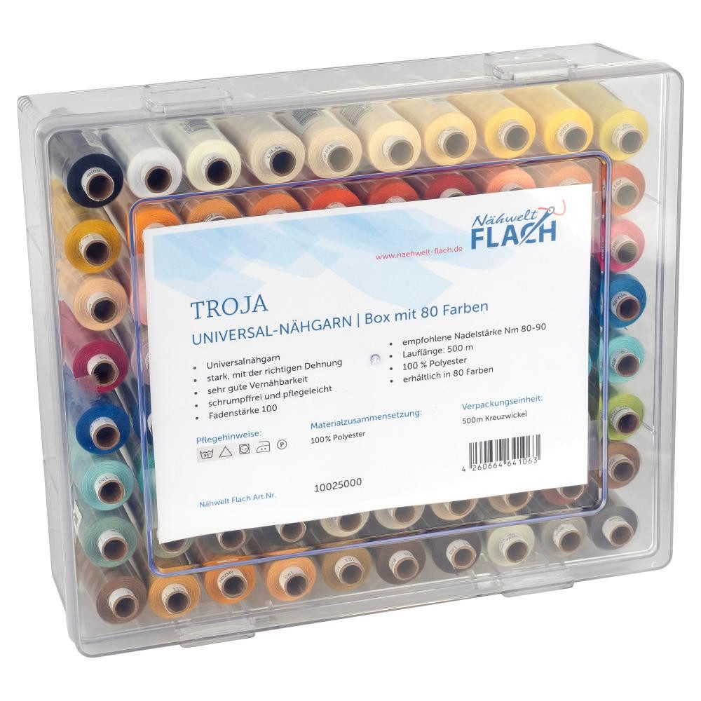 Nähwelt Flach - Troja Universal-Garn in Acryl-Garnbox 80 Farben (je500m) Nähgarn, 500 m (Spar-Set, 80-St)