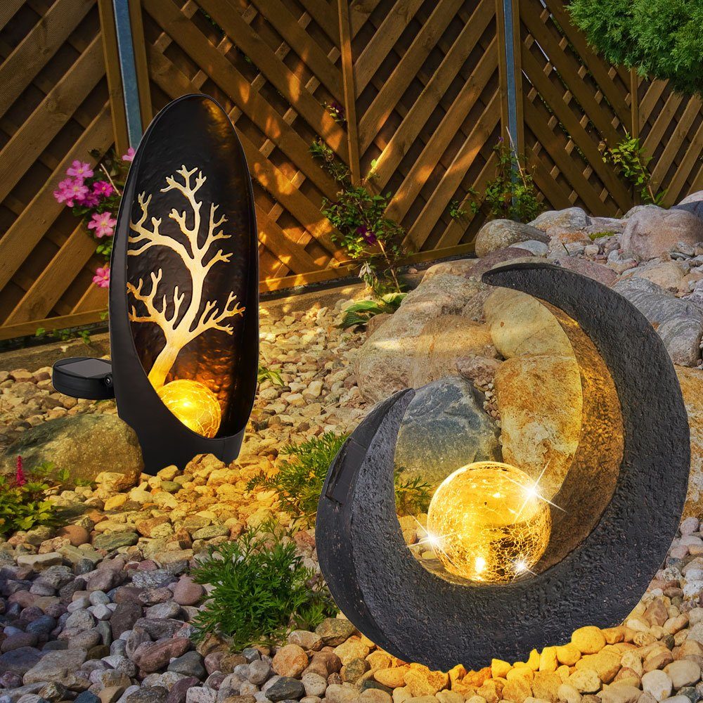 für Gartendeko LED-Leuchtmittel Solarlampen fest verbaut, Solarleuchte, Solarleuchte Skulptur 2x LED Mond Außen Globo