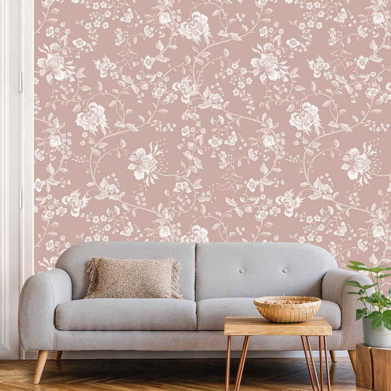 Bilderdepot24 Vliestapete Vintage Blumenranken Altrosa Muster Floral Landhausstil Wanddeko, Glatt, Matt, (Inklusive Gratis-Kleister oder selbstklebend), Wohnzimmer Schlafzimmer Küche Flur Fototapete Motivtapete Wandtapete