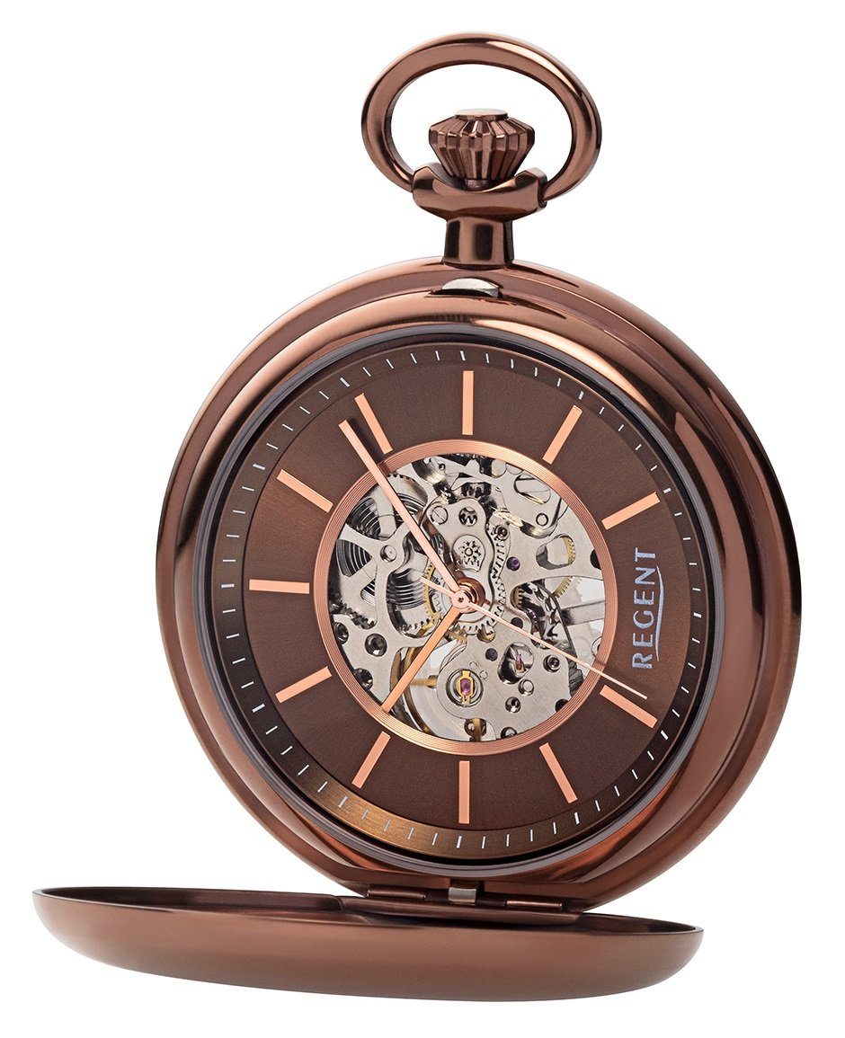 Regent Taschenuhr P-769, (mit dazu passender Kette), Uhrwerk sichtbar sklettiert rostbaun