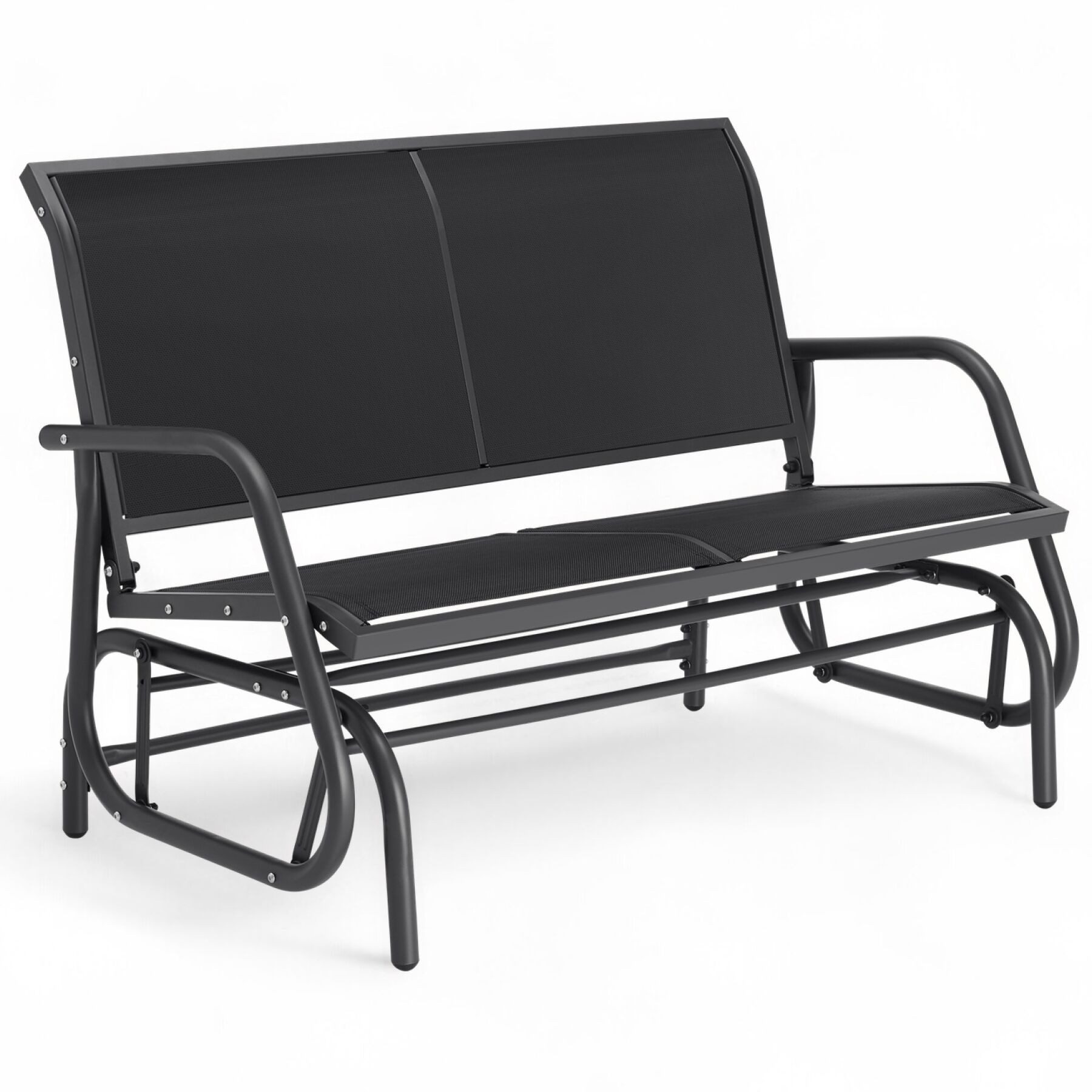tectake Gartenbank Outdoor-Sitzbank, 121 x 72 x 86,5 cm, sanfter Schaukelmechanismus (Parkbank Greta, in schwarz), 2-Sitzer, atmungsaktives Kunststoffgewebe, Belastbarkeit 300 kg