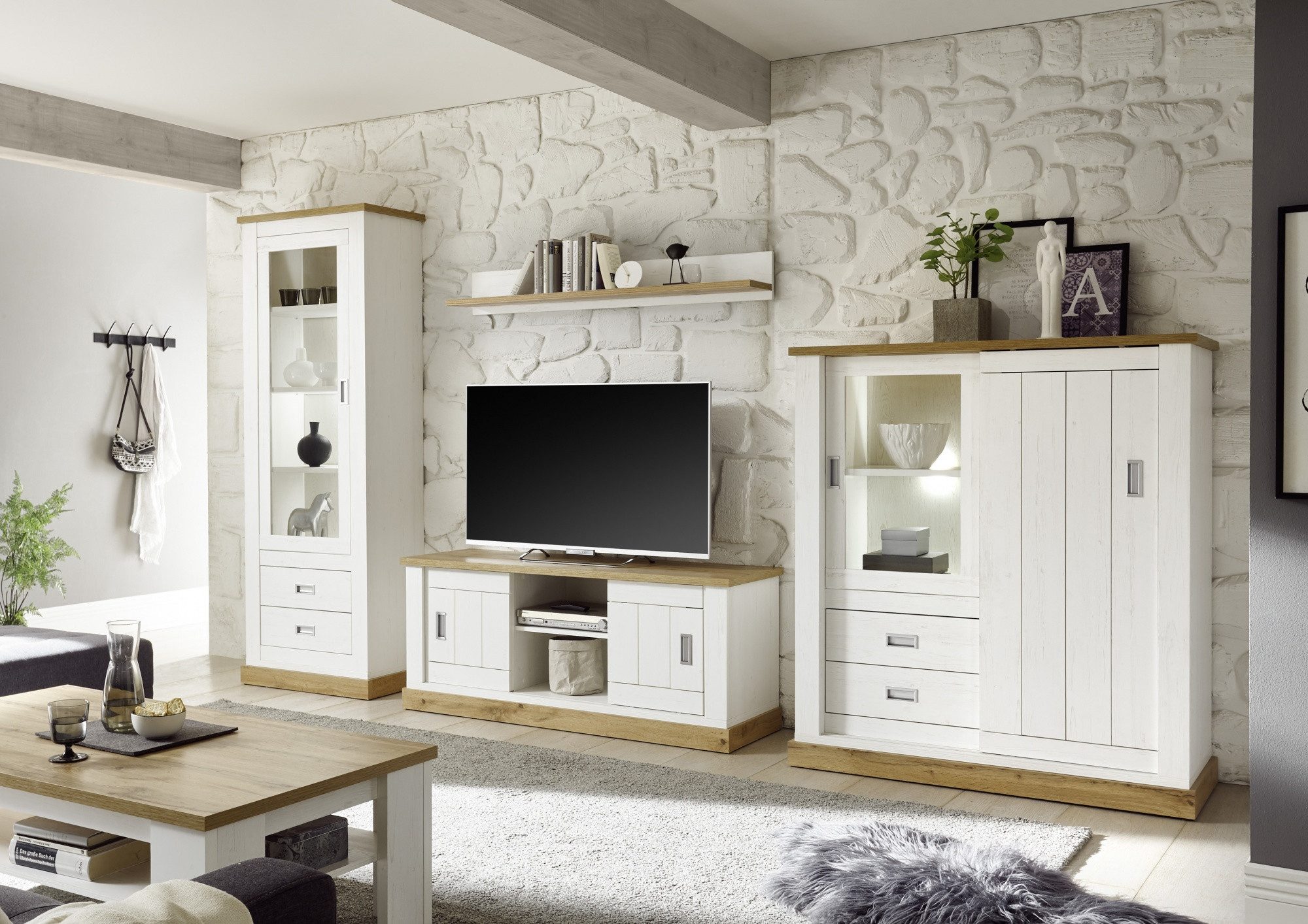 Beauty.Scouts Wohnzimmer-Set Kombination "Hamptons", Pinie Weiss Dekor, 377x204x46 mit Beleuchtung